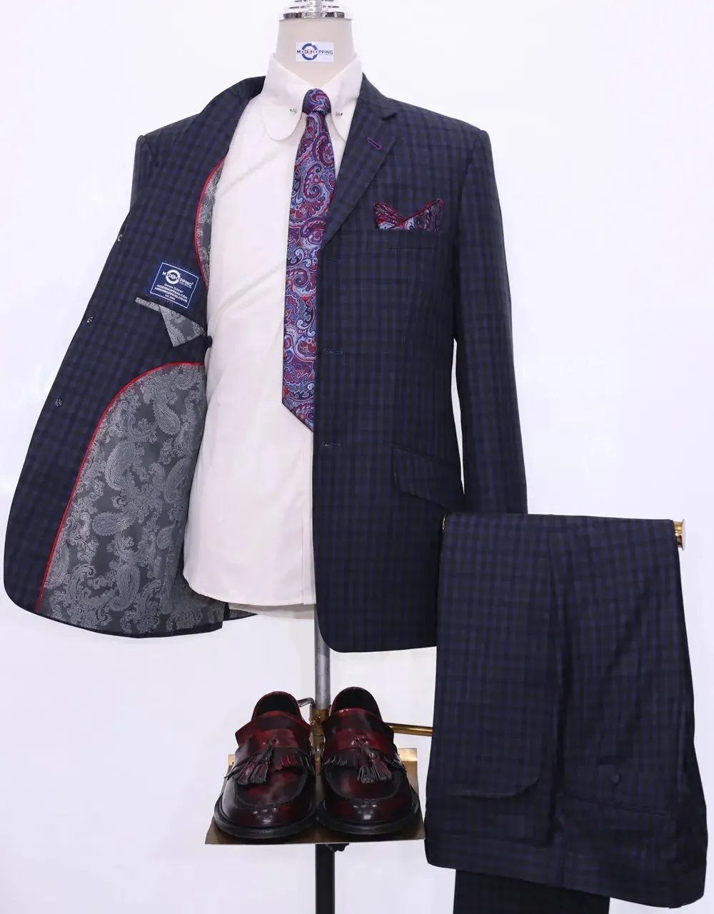 Navy Blue Gingham Check Suit Jacket chest 38 R Trouser size 32 inside leg 32
