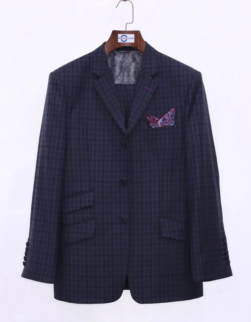 Navy Blue Gingham Check Suit Jacket chest 38 R Trouser size 32 inside leg 32