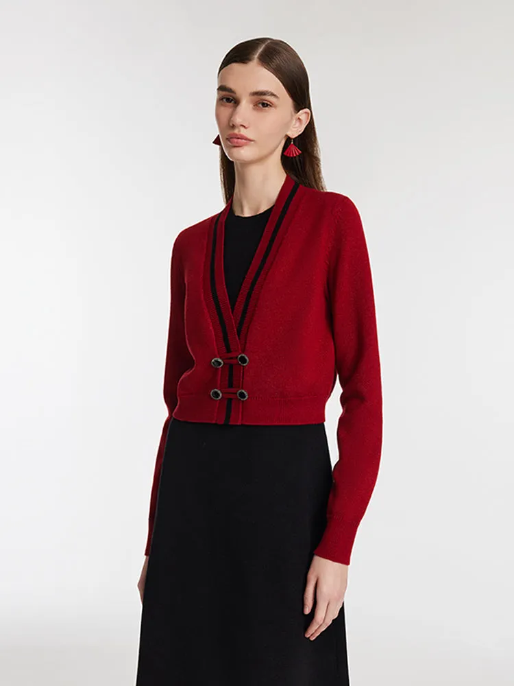 New Chinese-Style V-Neck Knitted Cardigan And Vest Dress Two-Piece Set