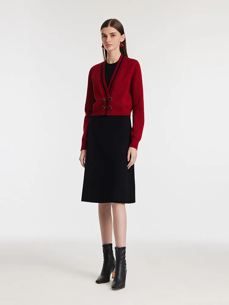 New Chinese-Style V-Neck Knitted Cardigan And Vest Dress Two-Piece Set