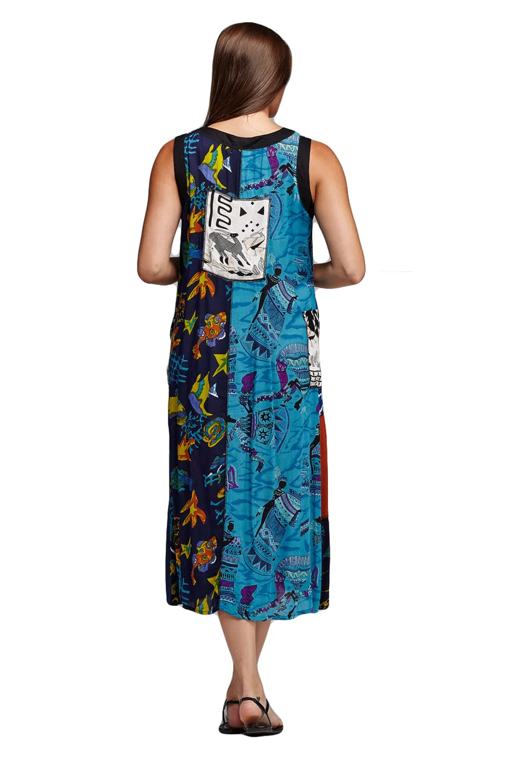 Novelty Button Patchwork Rayon Print Dress