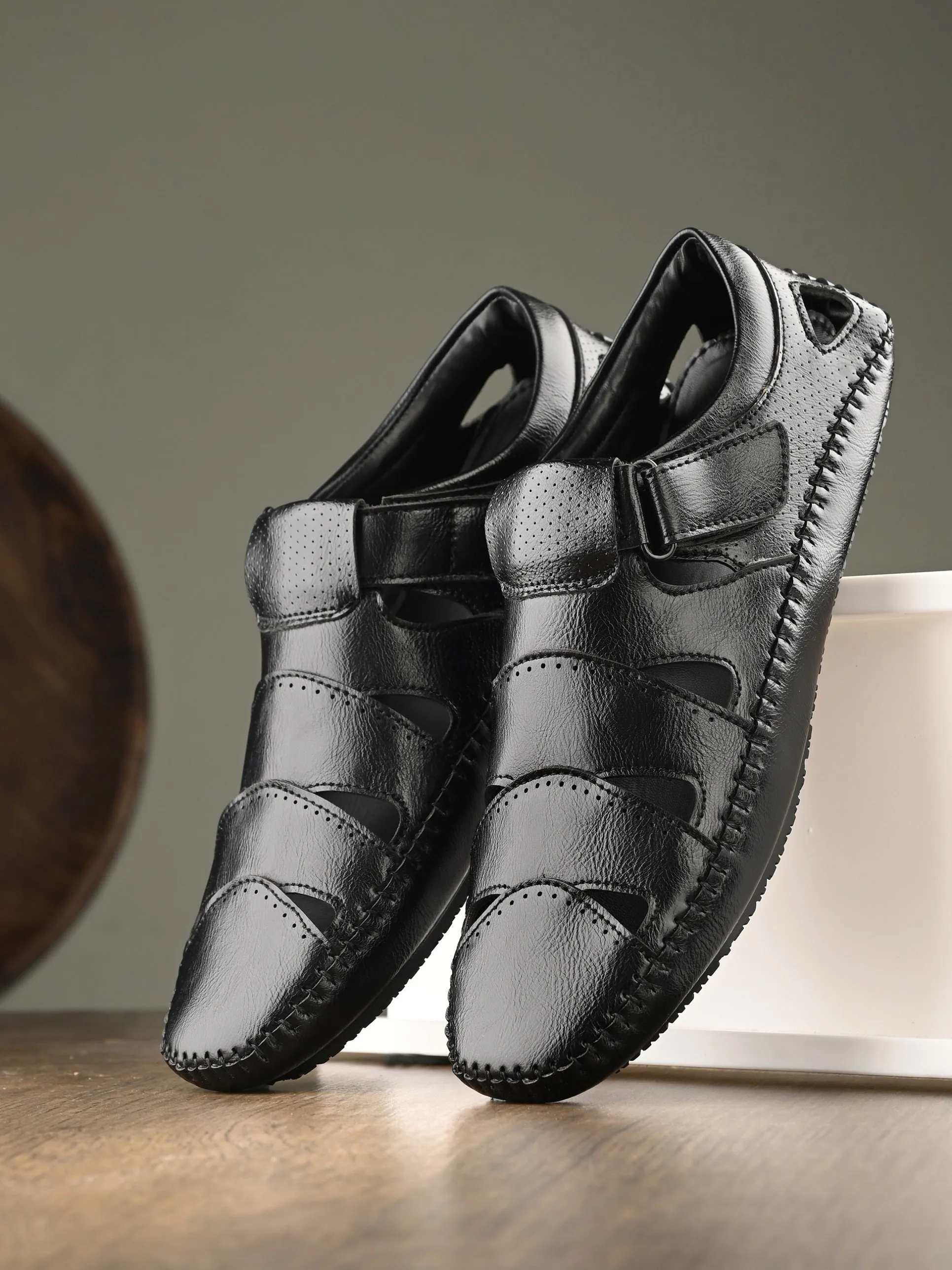 Sophisticated Black Leather Cutout Sandal