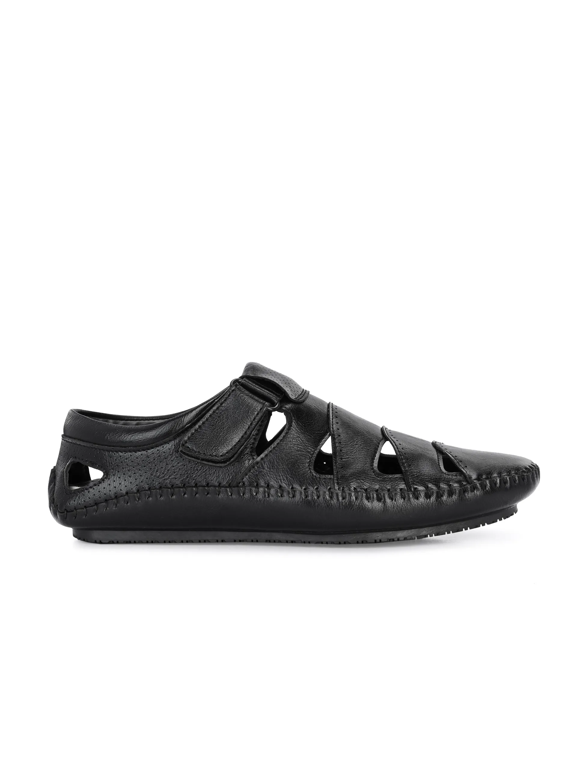 Sophisticated Black Leather Cutout Sandal