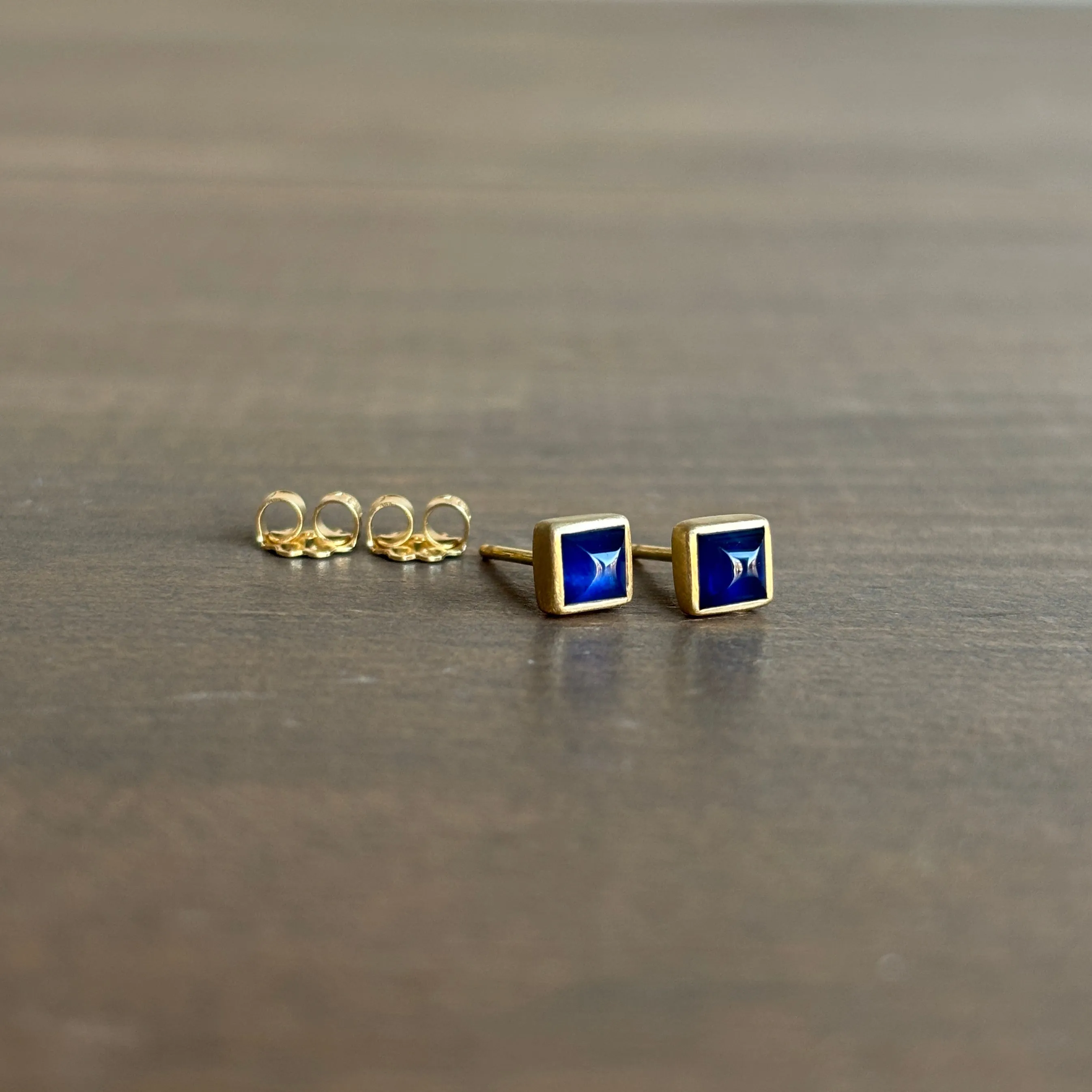 Square Deep Blue Sapphire Stud Earrings