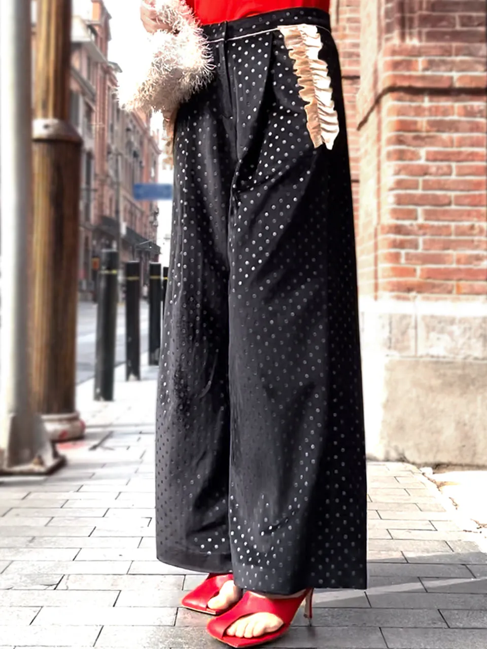 Surprise Sale! Black Dots Ruffle Trimmed Pocket Wide Leg Velvet Trousers