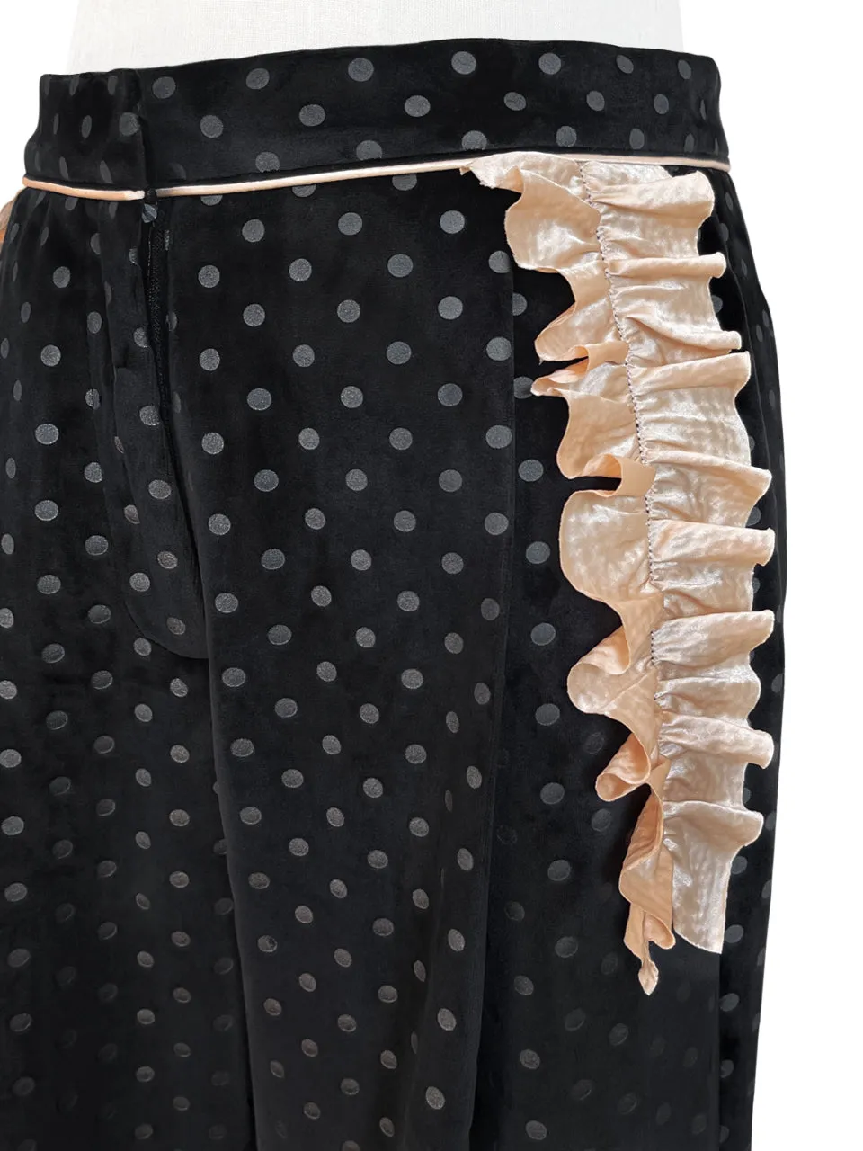 Surprise Sale! Black Dots Ruffle Trimmed Pocket Wide Leg Velvet Trousers