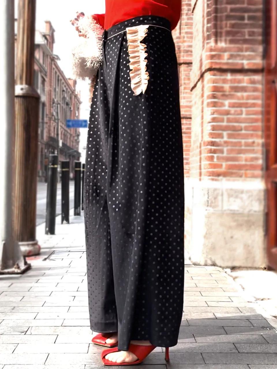 Surprise Sale! Black Dots Ruffle Trimmed Pocket Wide Leg Velvet Trousers
