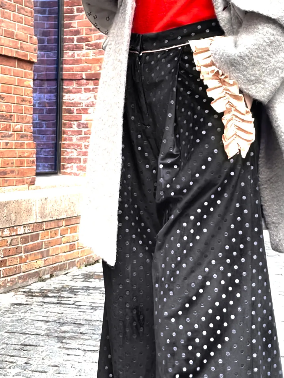 Surprise Sale! Black Dots Ruffle Trimmed Pocket Wide Leg Velvet Trousers