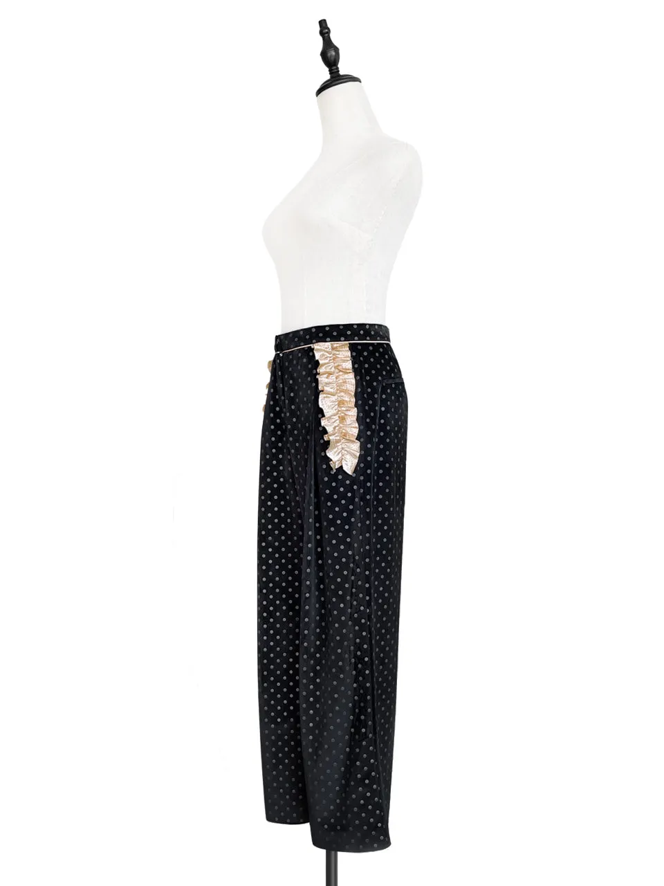 Surprise Sale! Black Dots Ruffle Trimmed Pocket Wide Leg Velvet Trousers