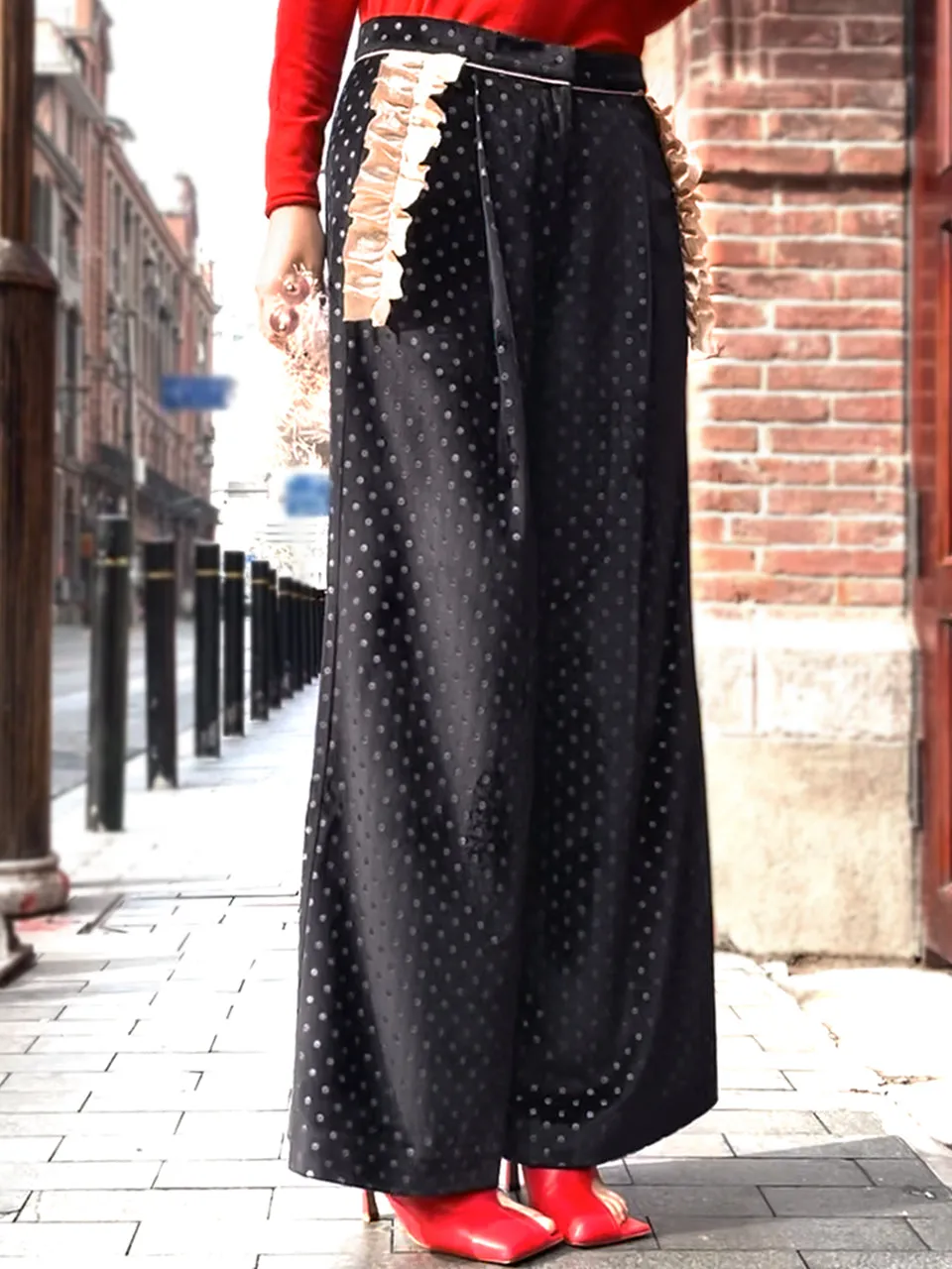 Surprise Sale! Black Dots Ruffle Trimmed Pocket Wide Leg Velvet Trousers