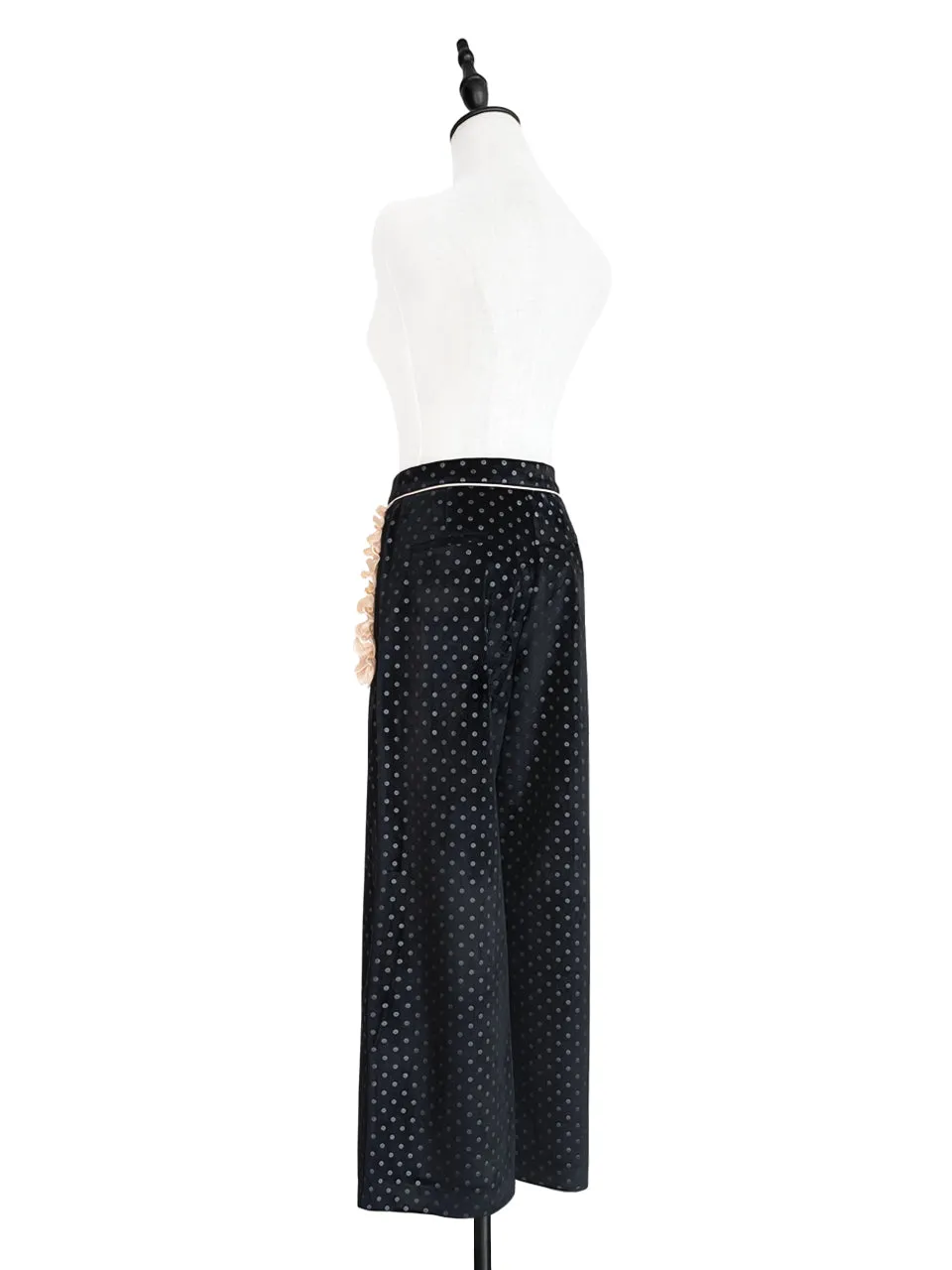 Surprise Sale! Black Dots Ruffle Trimmed Pocket Wide Leg Velvet Trousers