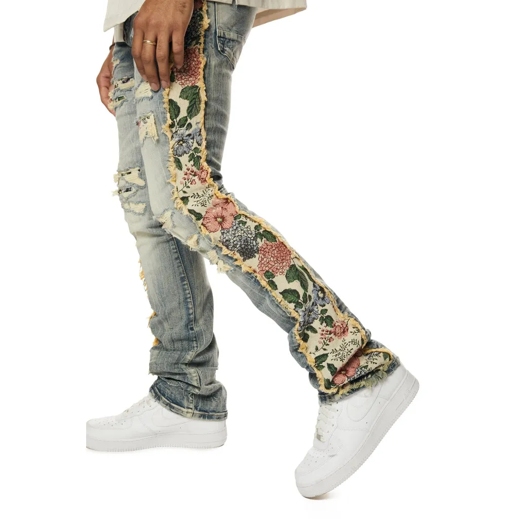 Tapestry Insert Stacked Denim Jeans - Hillside Blue