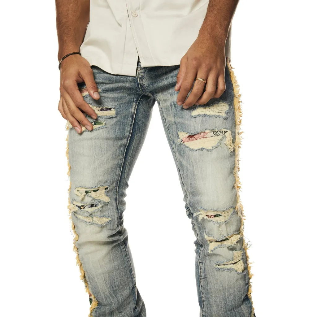 Tapestry Insert Stacked Denim Jeans - Hillside Blue