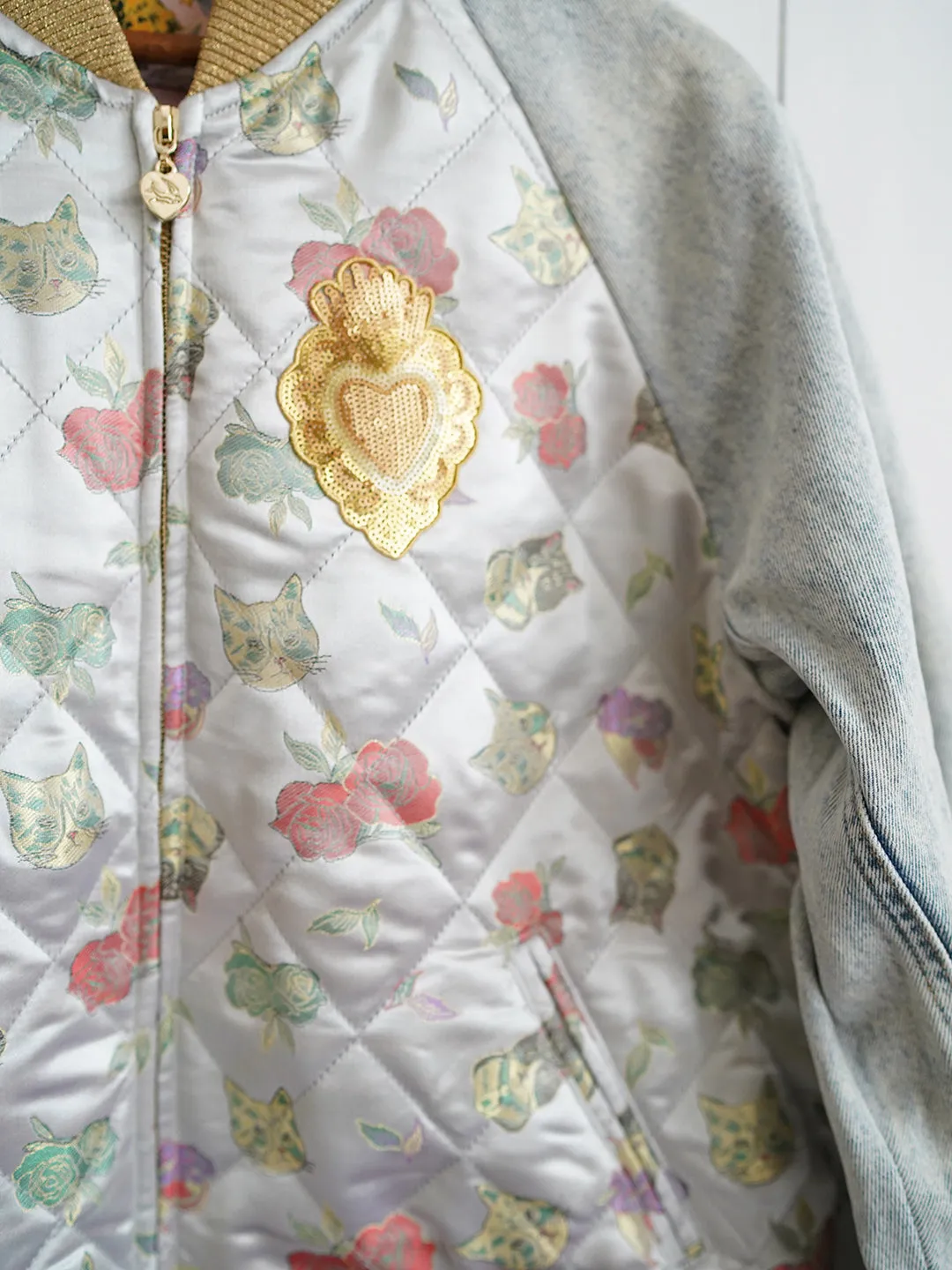 Unlogical Poem Cat Brocade Quilted Patchwork Denim Souvenir Jacket