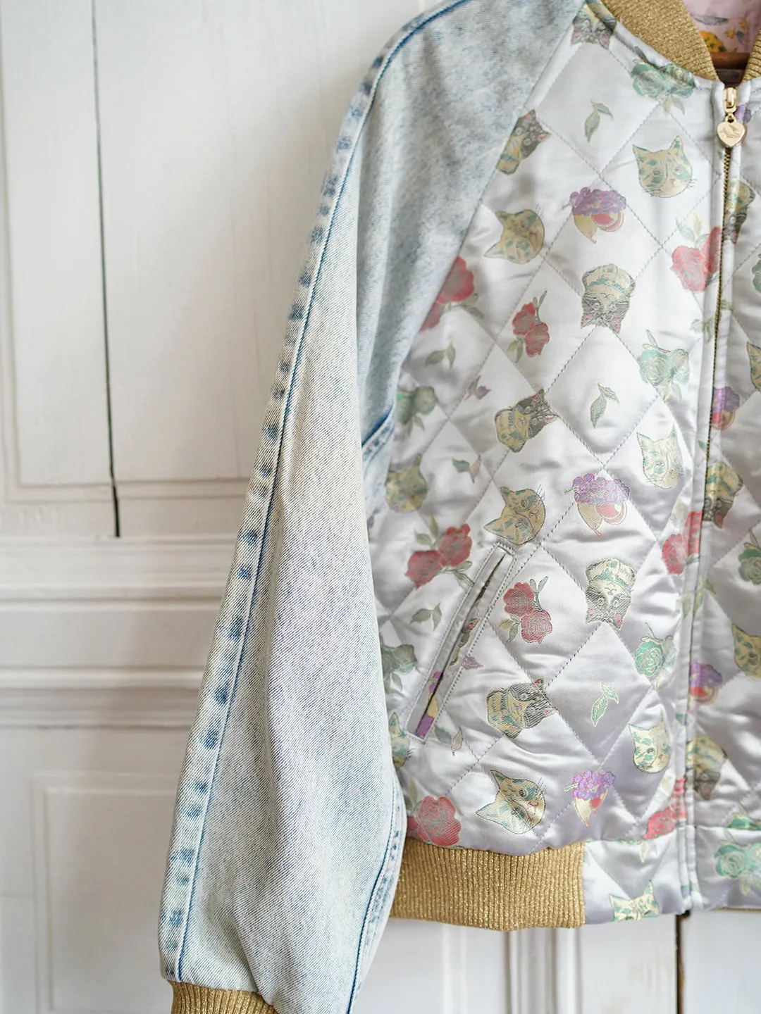 Unlogical Poem Cat Brocade Quilted Patchwork Denim Souvenir Jacket
