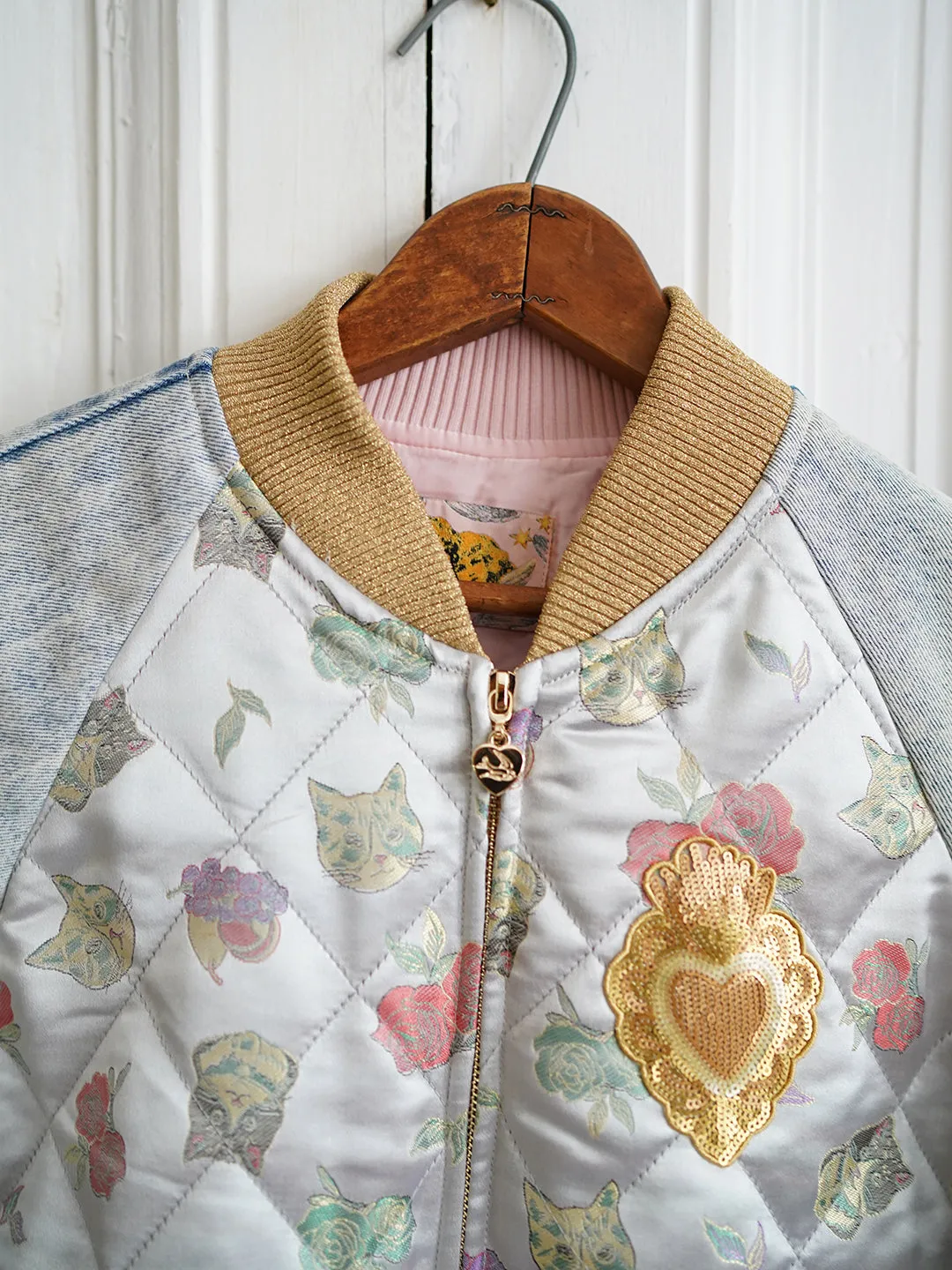 Unlogical Poem Cat Brocade Quilted Patchwork Denim Souvenir Jacket