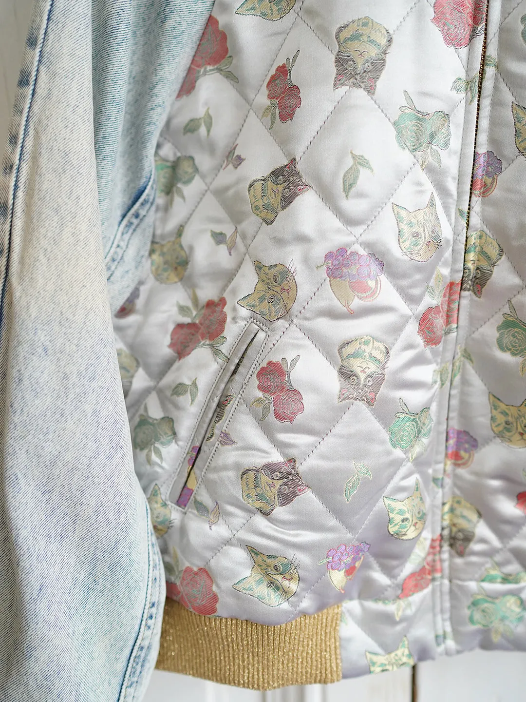 Unlogical Poem Cat Brocade Quilted Patchwork Denim Souvenir Jacket
