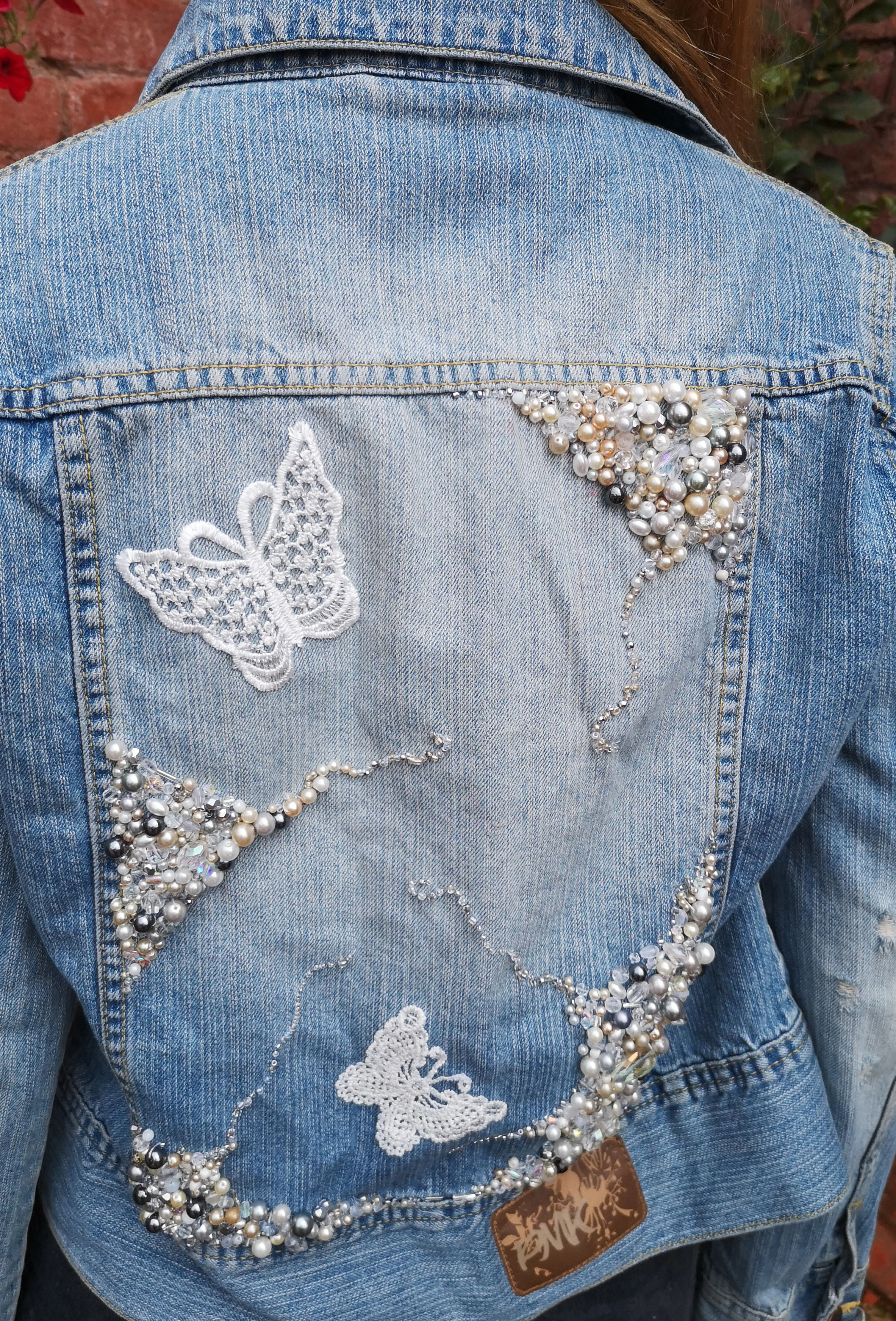 Up-cycled, blinged, boho, denim jacket, vintage pearls and lace, ladies size 10