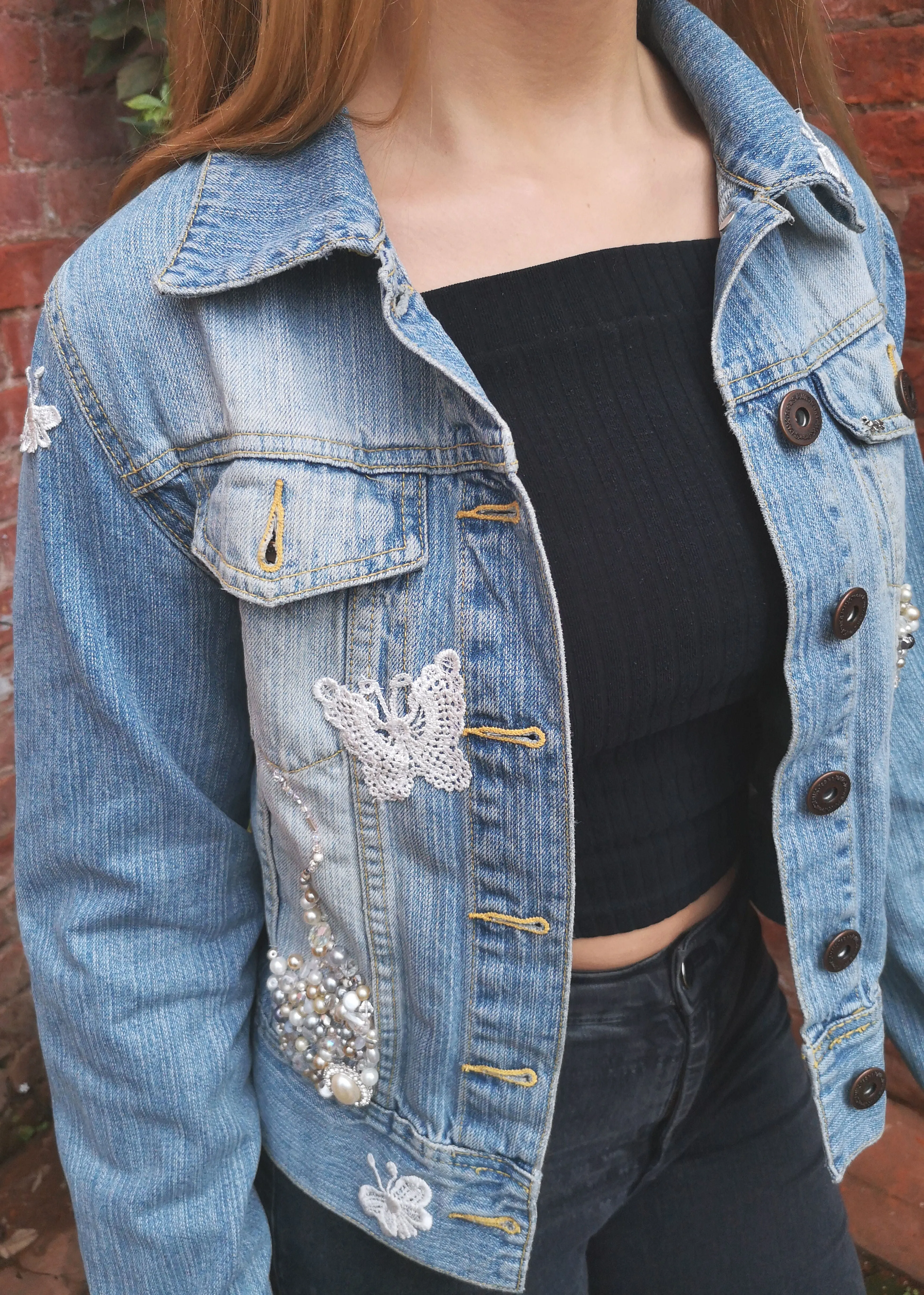 Up-cycled, blinged, boho, denim jacket, vintage pearls and lace, ladies size 10