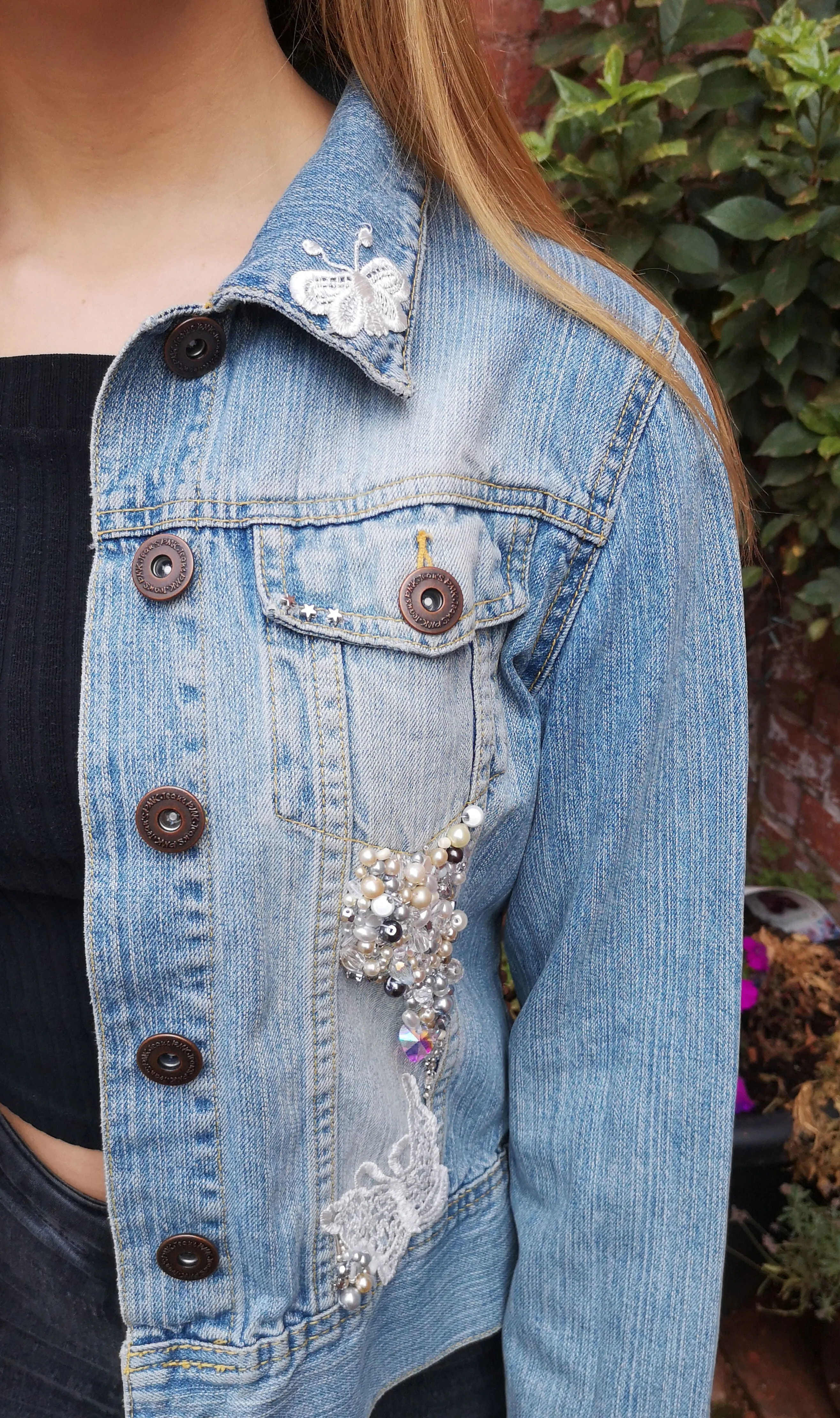 Up-cycled, blinged, boho, denim jacket, vintage pearls and lace, ladies size 10