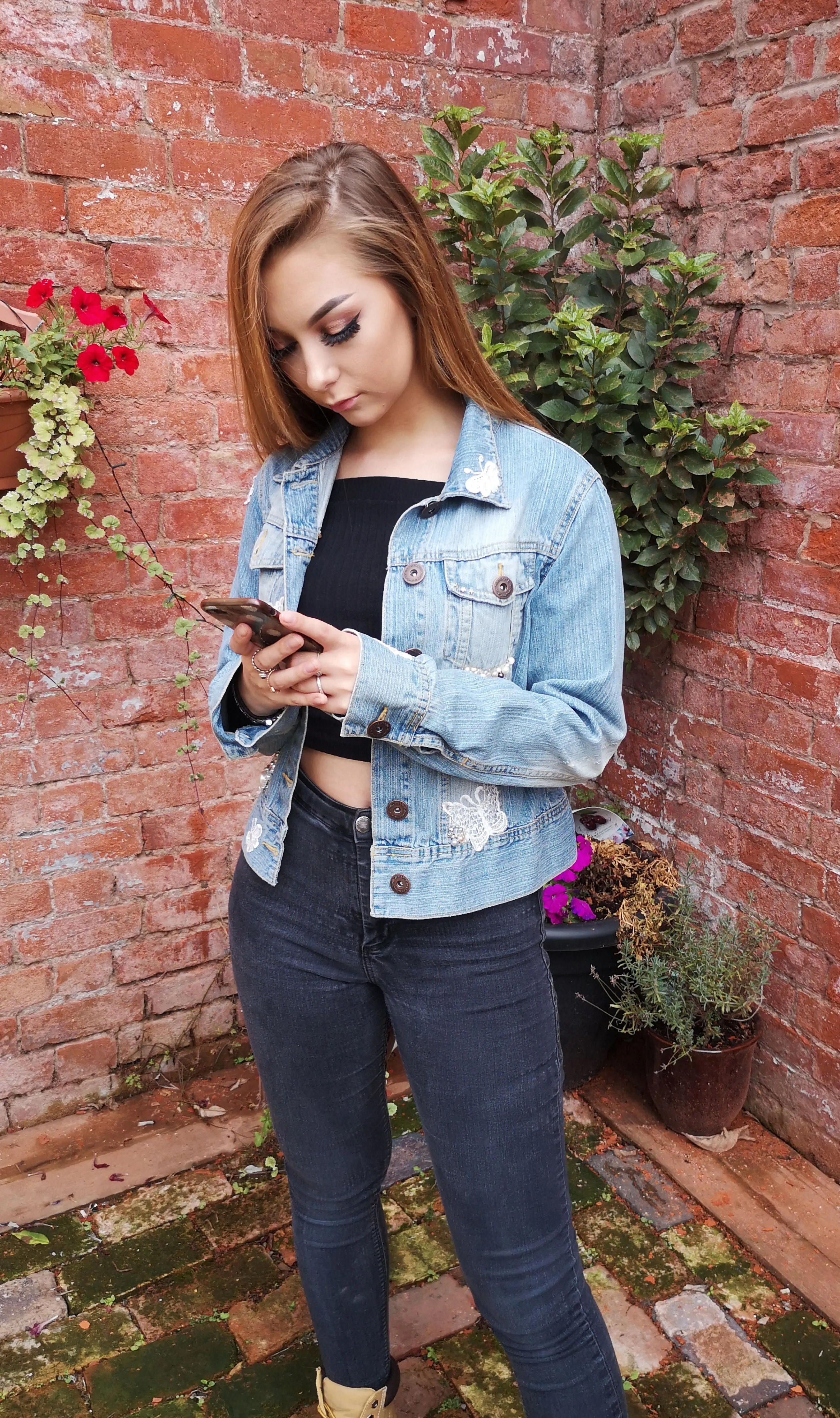 Up-cycled, blinged, boho, denim jacket, vintage pearls and lace, ladies size 10