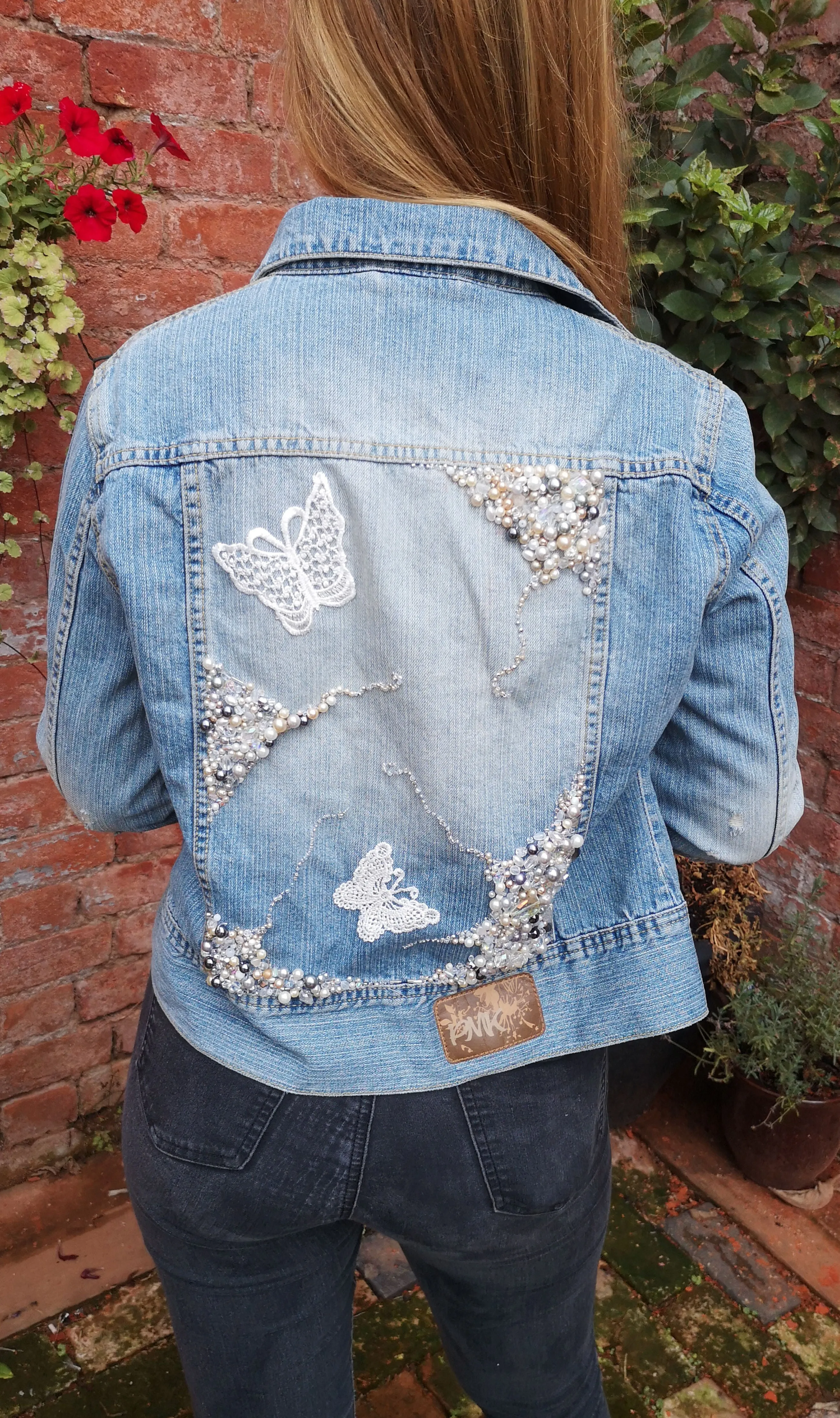 Up-cycled, blinged, boho, denim jacket, vintage pearls and lace, ladies size 10