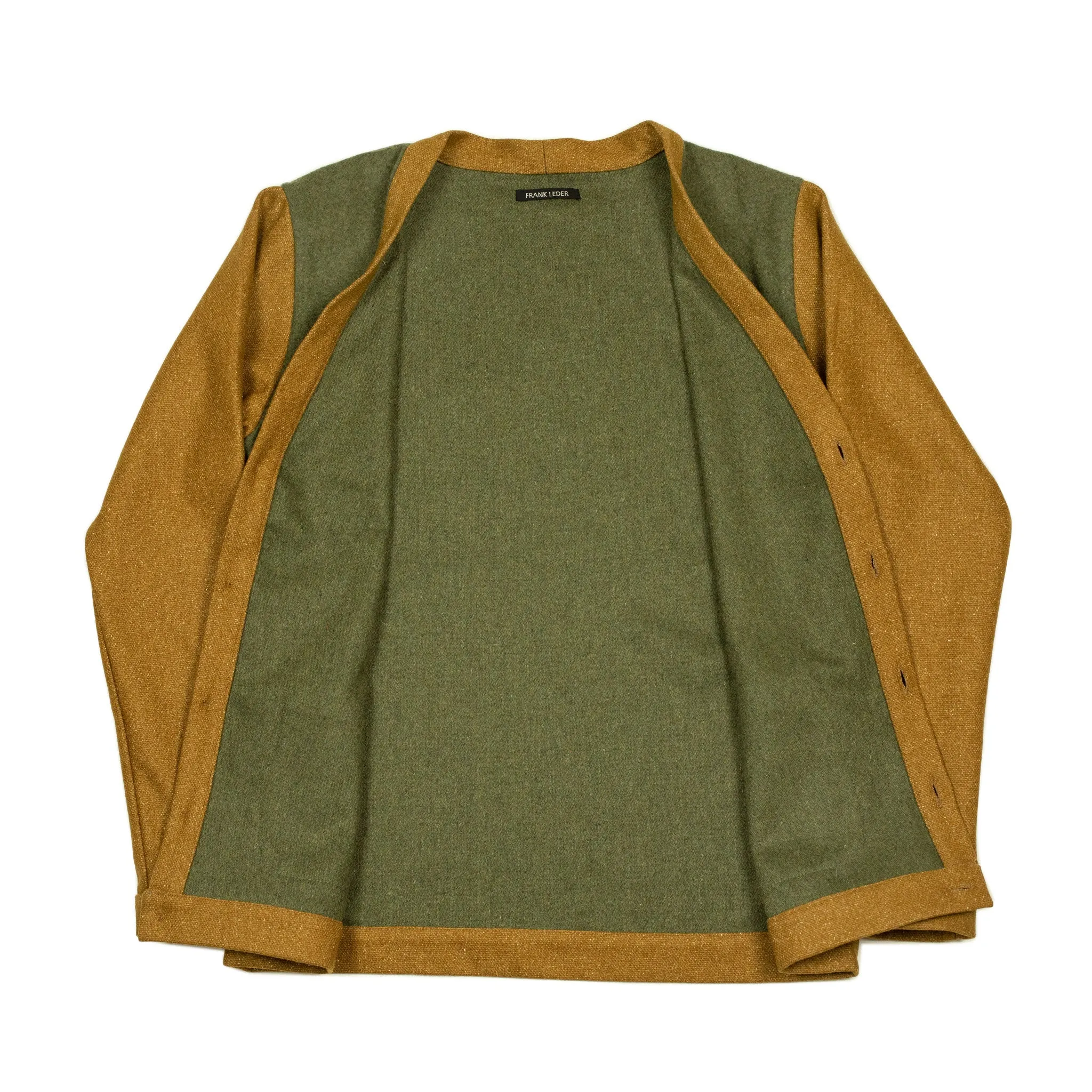 V-neck cardigan jacket in green and brown mixed loden wool