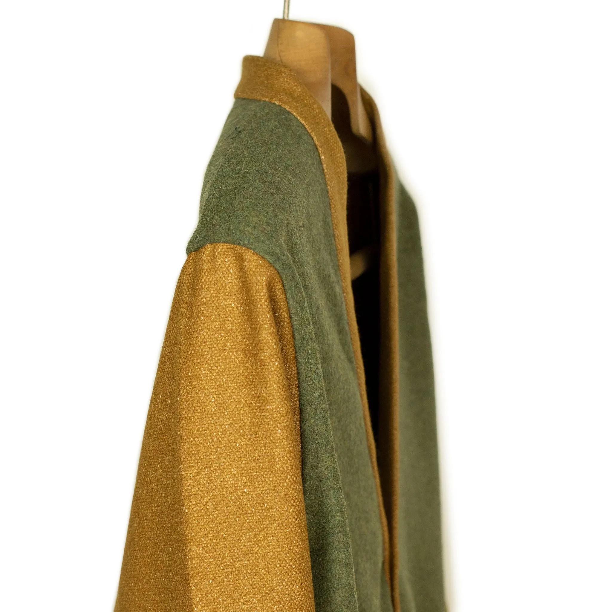 V-neck cardigan jacket in green and brown mixed loden wool