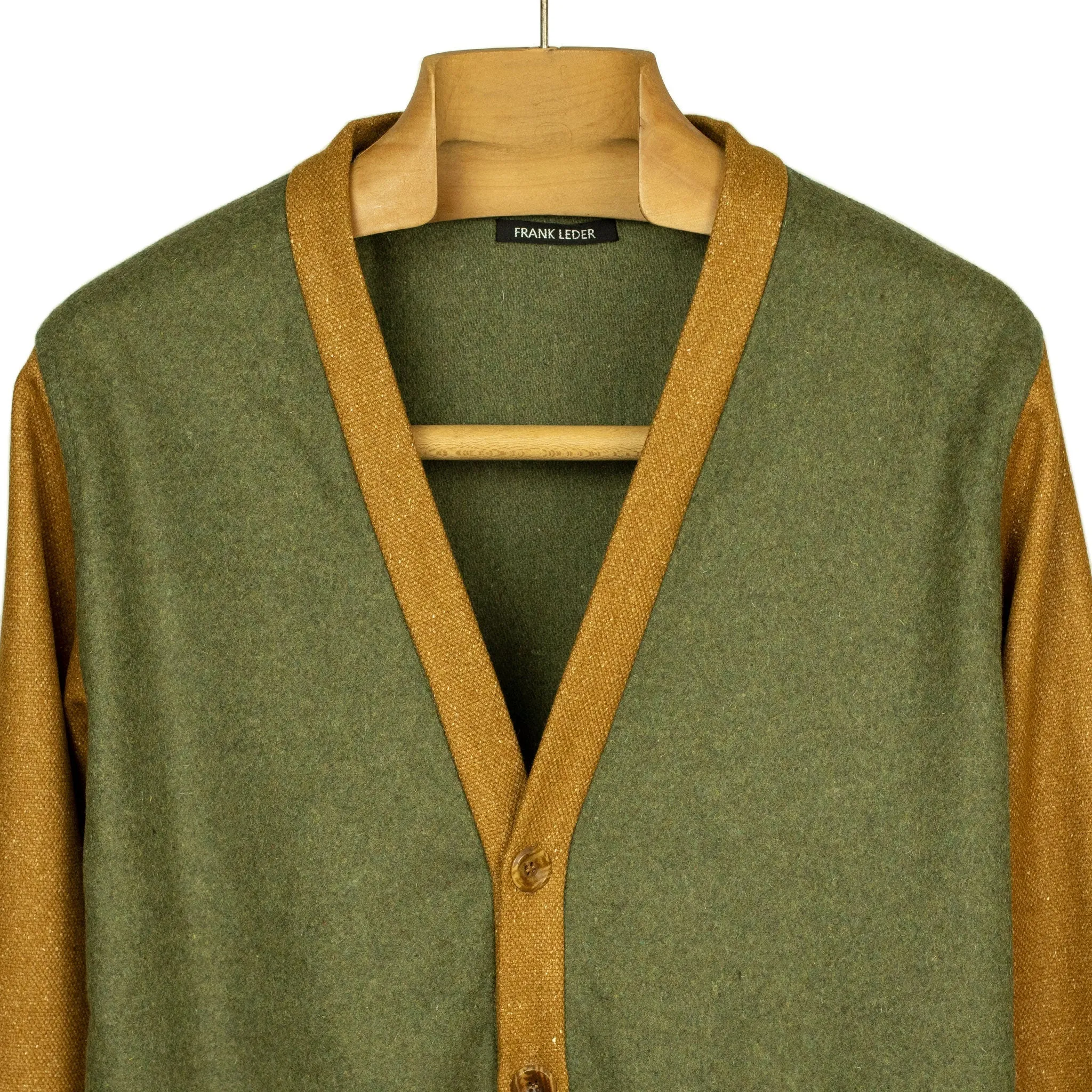 V-neck cardigan jacket in green and brown mixed loden wool