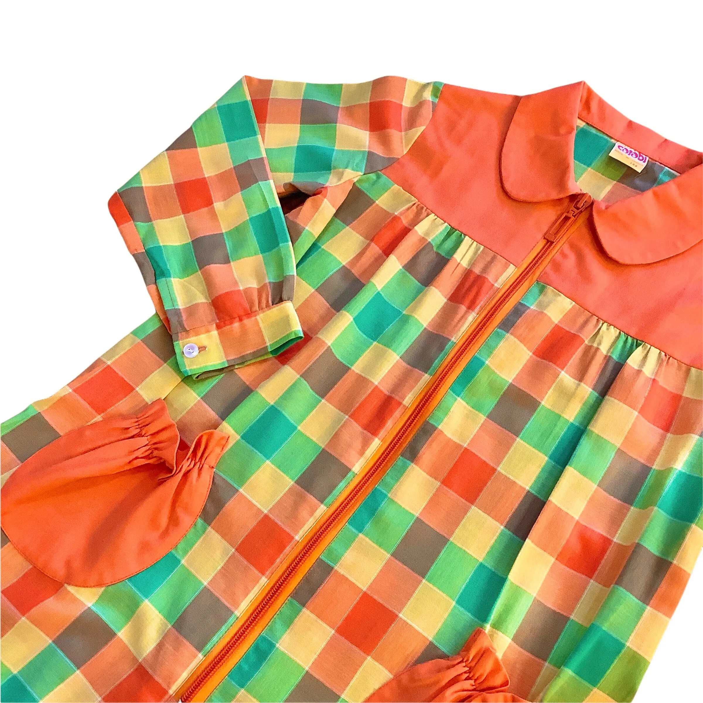 Vintage 1970's Check Green  / Orange Dress / Blouse  / 5-6Y