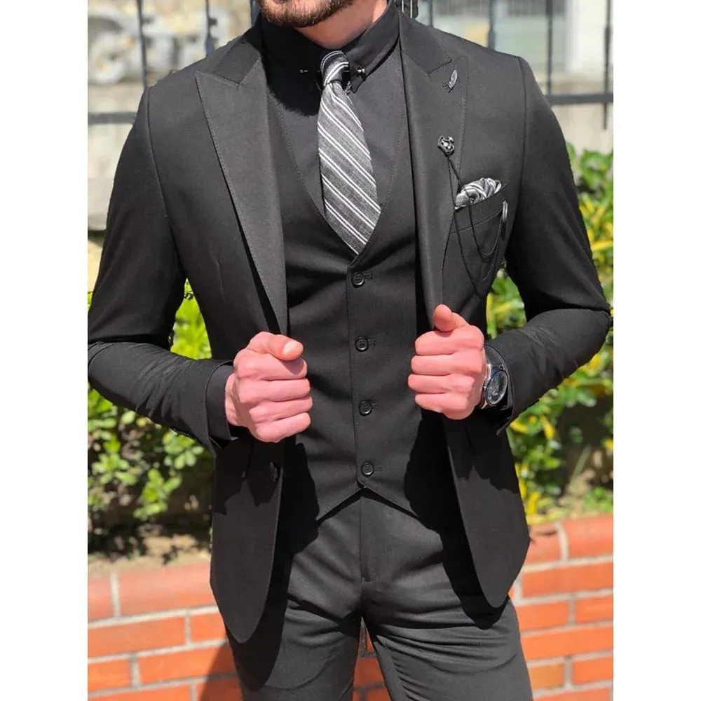 Wiaofellas  -  Black Men Suits Classic Single Breasted Peak Lapel Wedding Tuxedo Chic Smart Casual Slim Suits 3 Piece (Jacket Vest Pants)