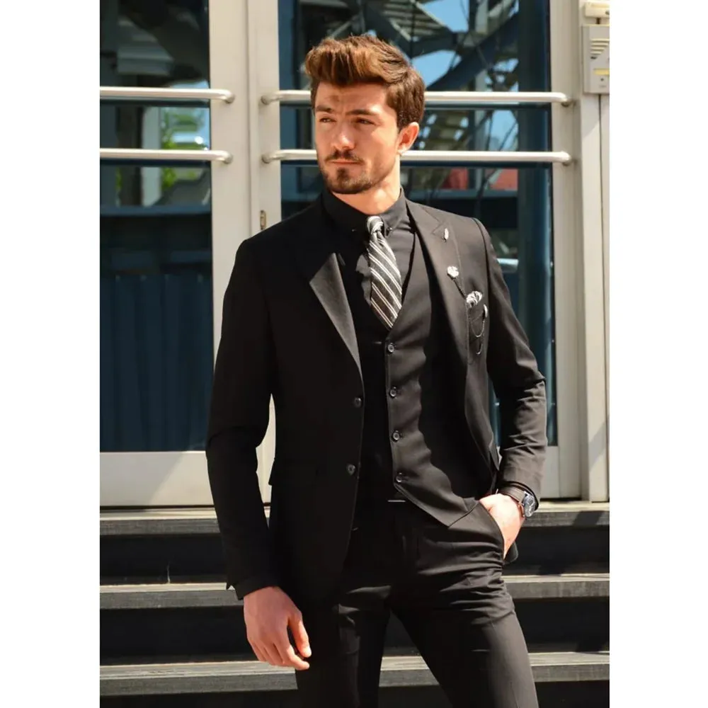 Wiaofellas  -  Black Men Suits Classic Single Breasted Peak Lapel Wedding Tuxedo Chic Smart Casual Slim Suits 3 Piece (Jacket Vest Pants)