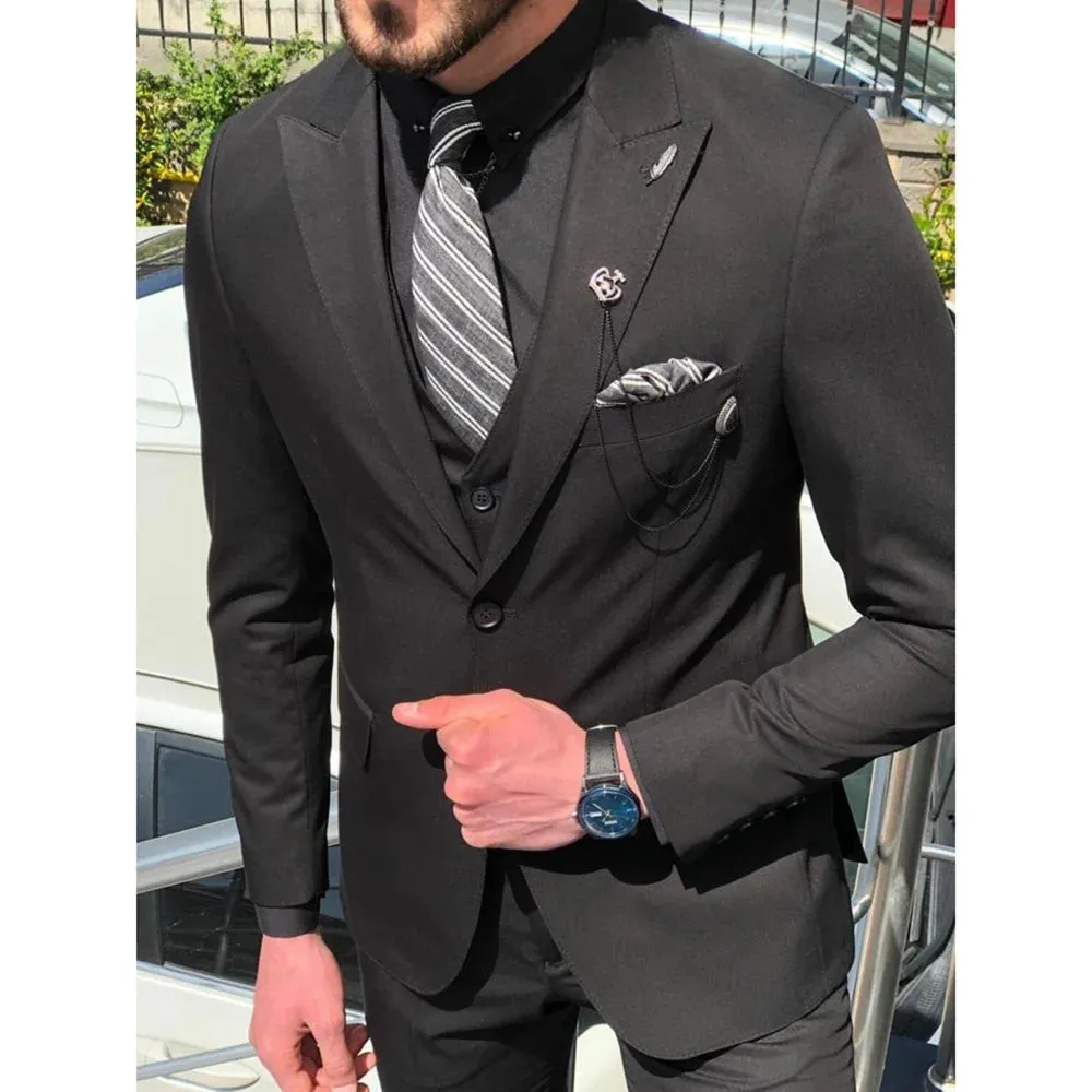 Wiaofellas  -  Black Men Suits Classic Single Breasted Peak Lapel Wedding Tuxedo Chic Smart Casual Slim Suits 3 Piece (Jacket Vest Pants)