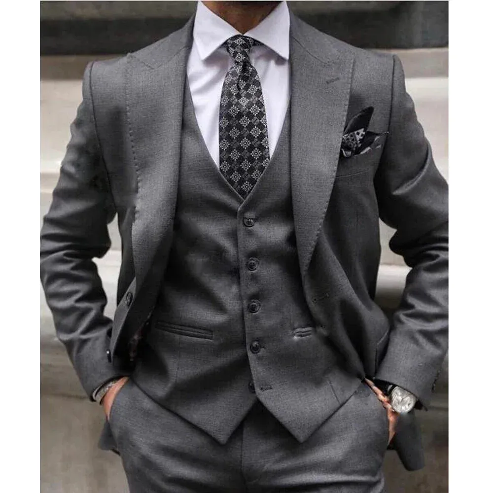 Wiaofellas  -  Classic Solid Men Suits Formal Fashion Peak Lapel Smart Casual Outfits Groomsmen Wedding Party Tuxedo Slim Costume Homme