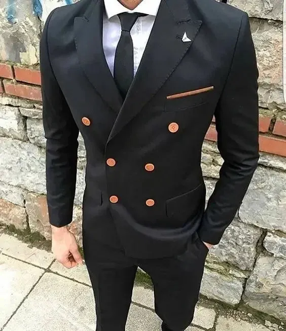 Wiaofellas  -  Gentle Black Men Suit Double Breasted Smart Business Jacket Prom Groom Tuxedo Slim Fit 2 Piece Custom Blazer Set Terno Masculino