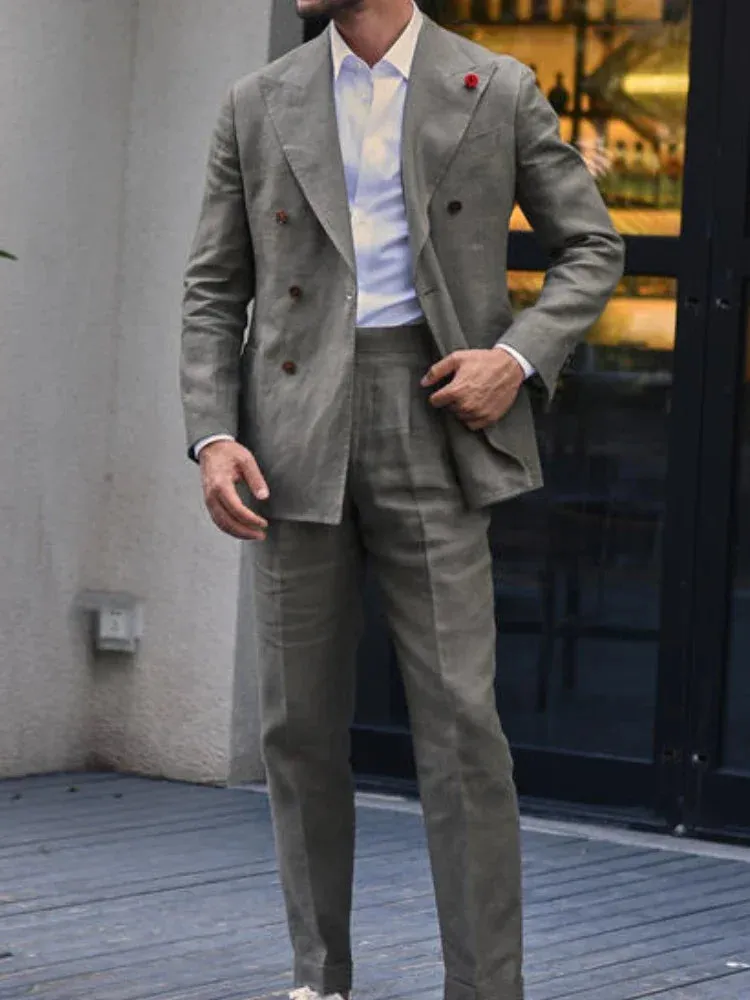 Wiaofellas  -  High Street Green Linen Men Suit Smart Casual Wedding Suits For Men Double Breasted Peak Lapel Custom Slim Fit 2 Piece Tuxedo