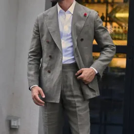 Wiaofellas  -  High Street Green Linen Men Suit Smart Casual Wedding Suits For Men Double Breasted Peak Lapel Custom Slim Fit 2 Piece Tuxedo