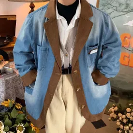 Wiaofellas Washed Distressed Denim Jacket Men's Retro Corduroy Stitching Design Loose Coat Man Unisex Autumn Winter American Suit Outerwear