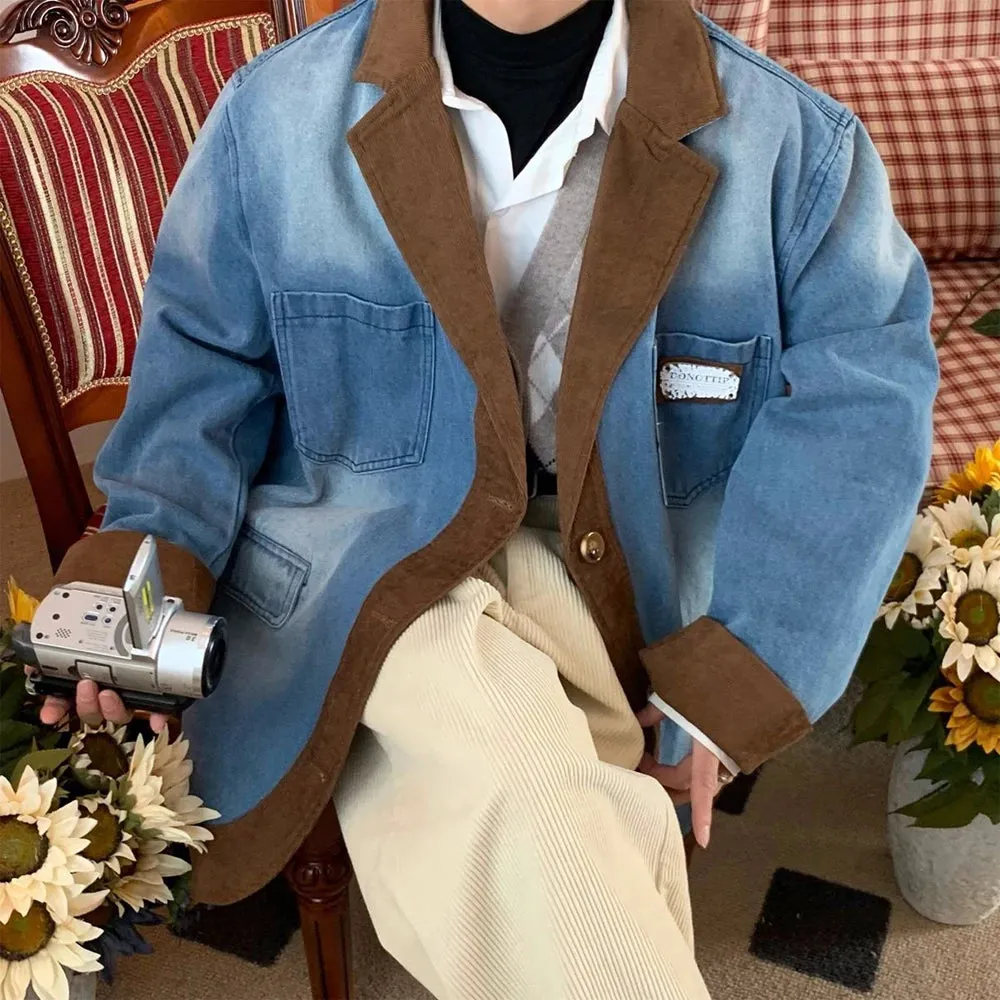 Wiaofellas Washed Distressed Denim Jacket Men's Retro Corduroy Stitching Design Loose Coat Man Unisex Autumn Winter American Suit Outerwear