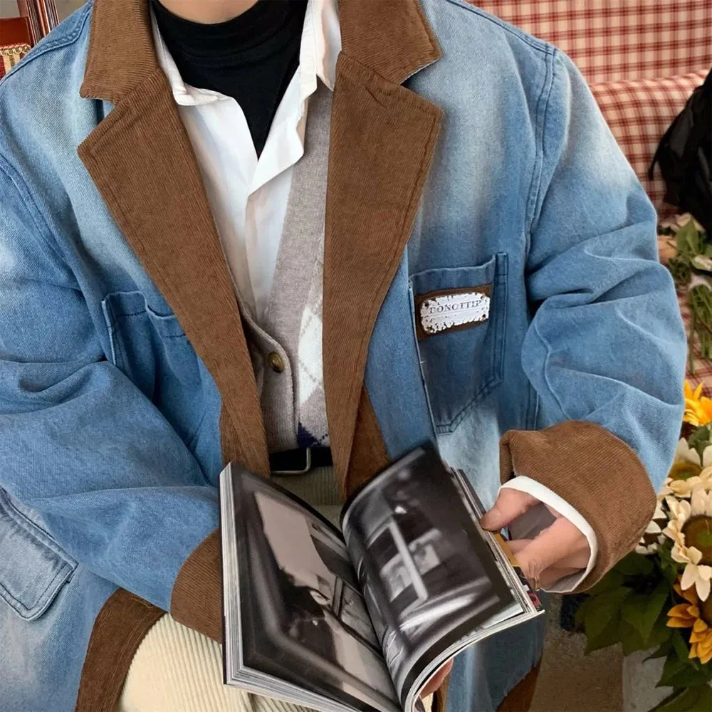 Wiaofellas Washed Distressed Denim Jacket Men's Retro Corduroy Stitching Design Loose Coat Man Unisex Autumn Winter American Suit Outerwear