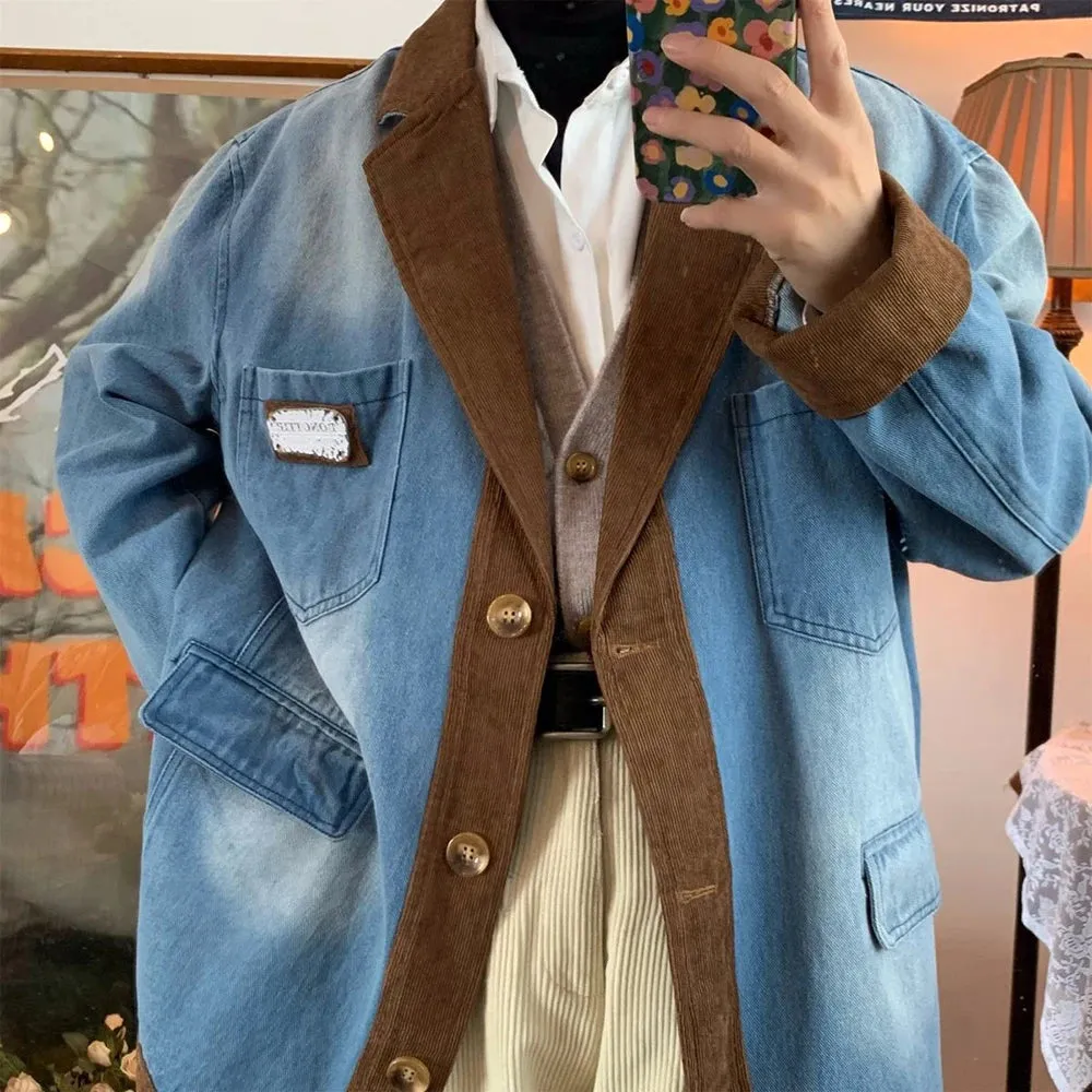 Wiaofellas Washed Distressed Denim Jacket Men's Retro Corduroy Stitching Design Loose Coat Man Unisex Autumn Winter American Suit Outerwear