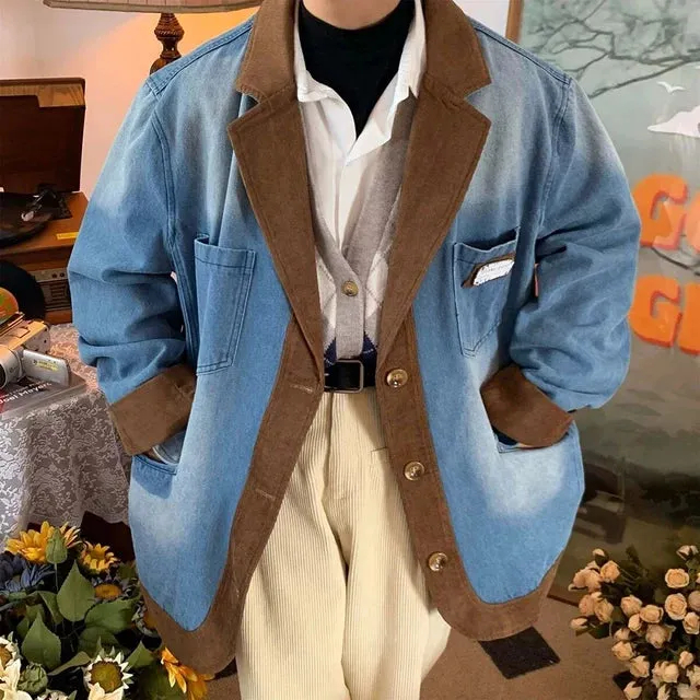 Wiaofellas Washed Distressed Denim Jacket Men's Retro Corduroy Stitching Design Loose Coat Man Unisex Autumn Winter American Suit Outerwear