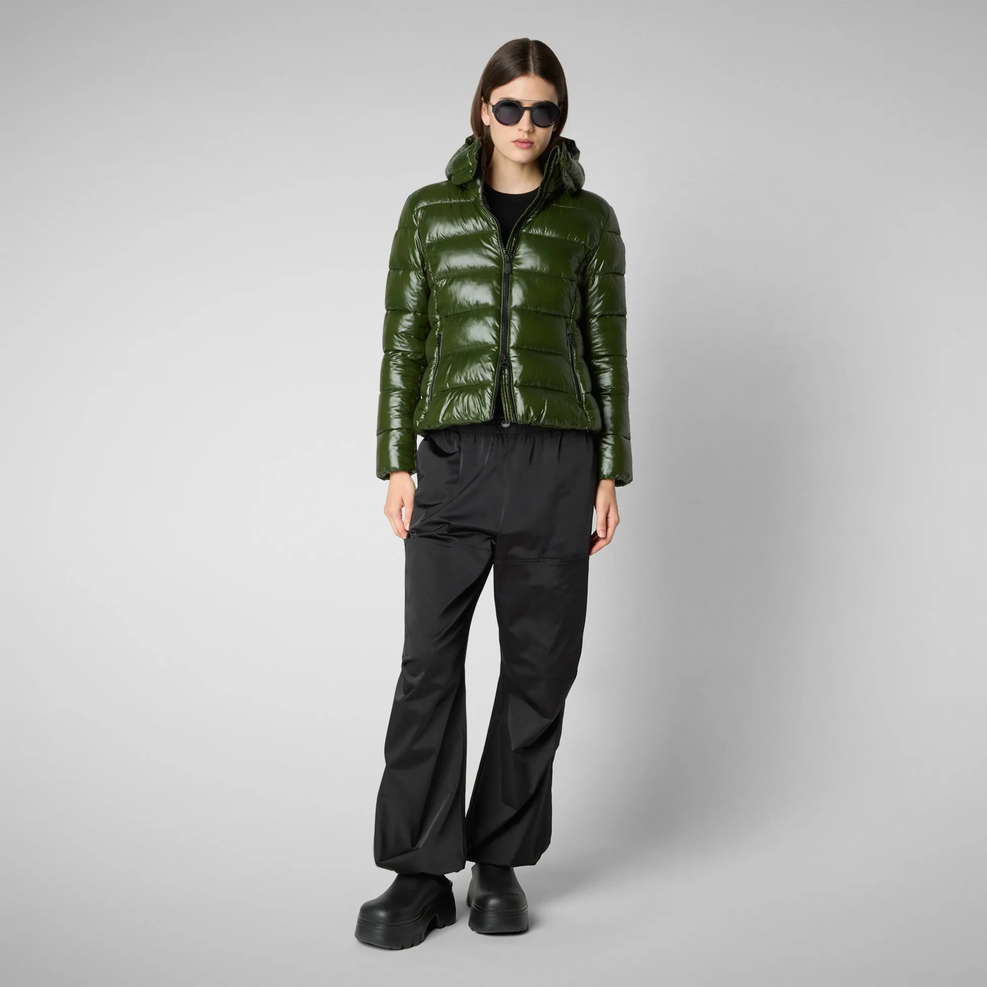 Woman's animal free hooded puffer jacket Cosmary in pine green