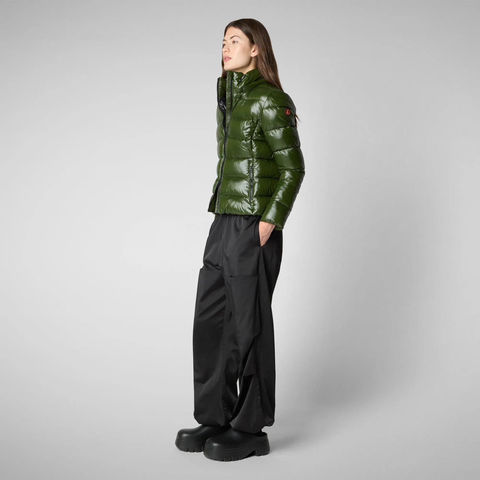 Woman's animal free hooded puffer jacket Cosmary in pine green