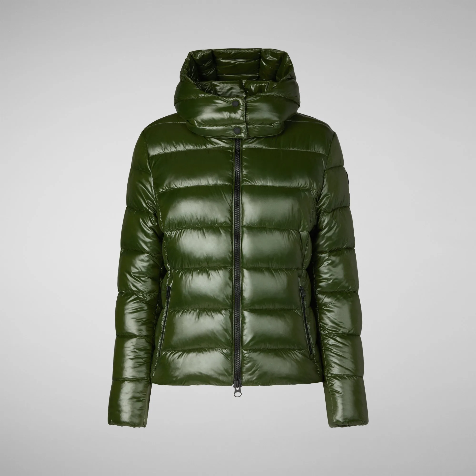 Woman's animal free hooded puffer jacket Cosmary in pine green