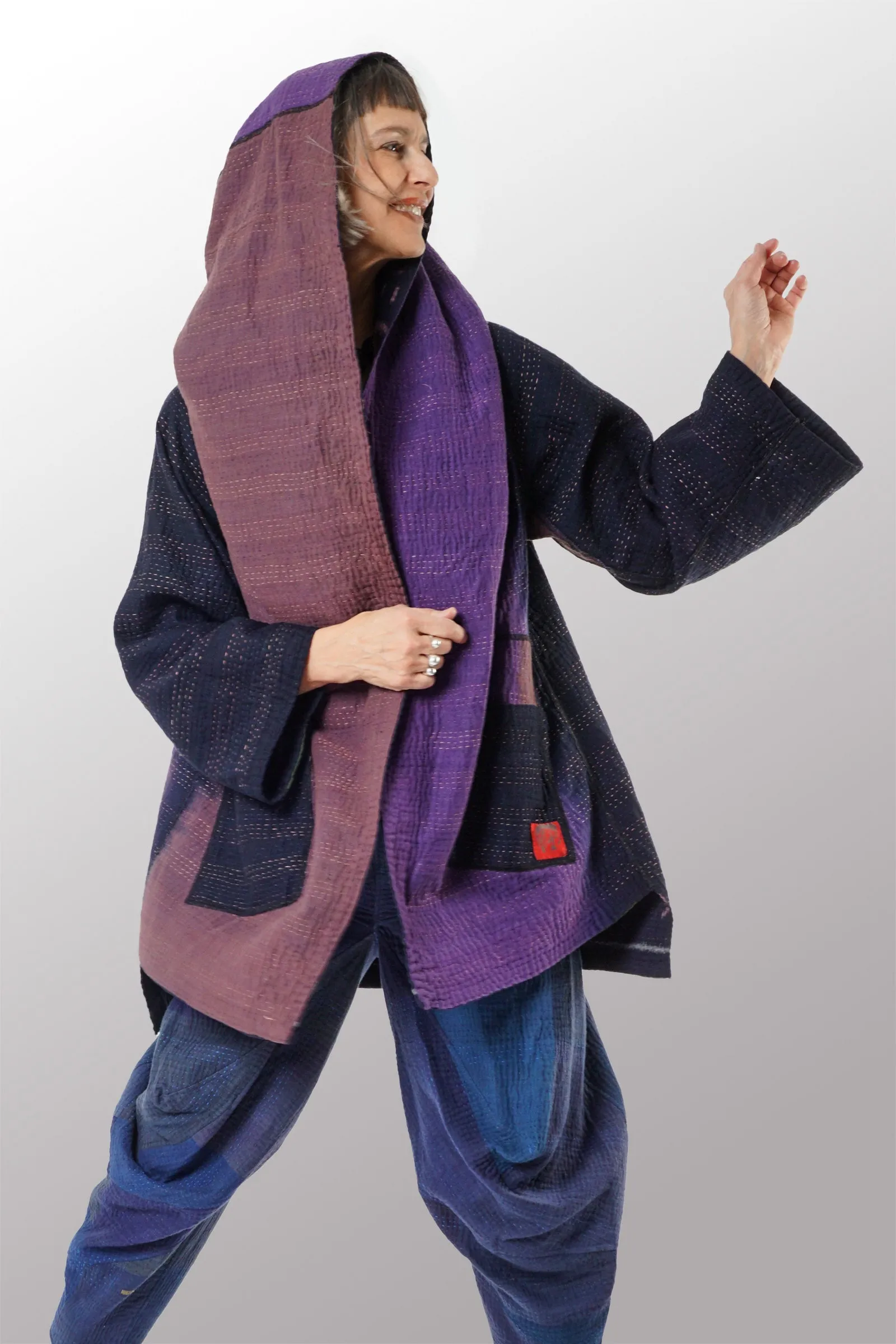 WOVEN HANDLOOM IKAT WITH OMBRE KANTHA HOODED A-LINE COAT - wh4341-prp -