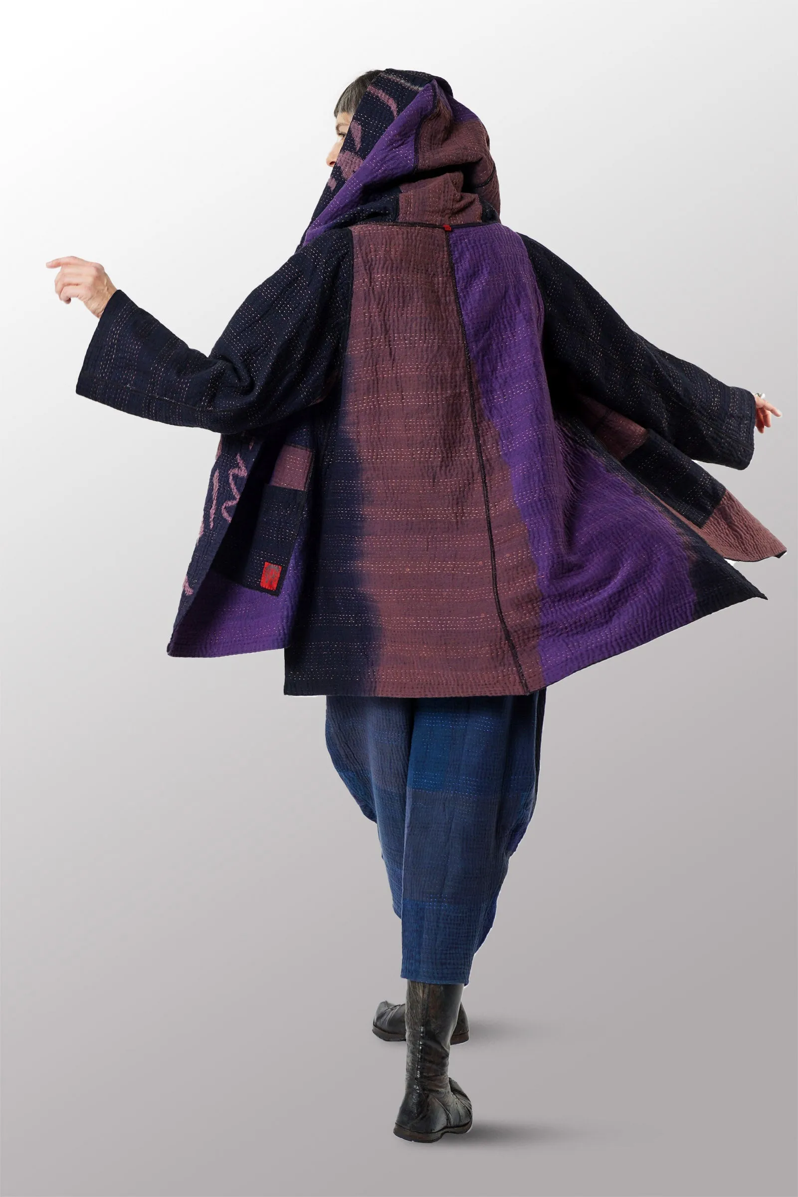 WOVEN HANDLOOM IKAT WITH OMBRE KANTHA HOODED A-LINE COAT - wh4341-prp -