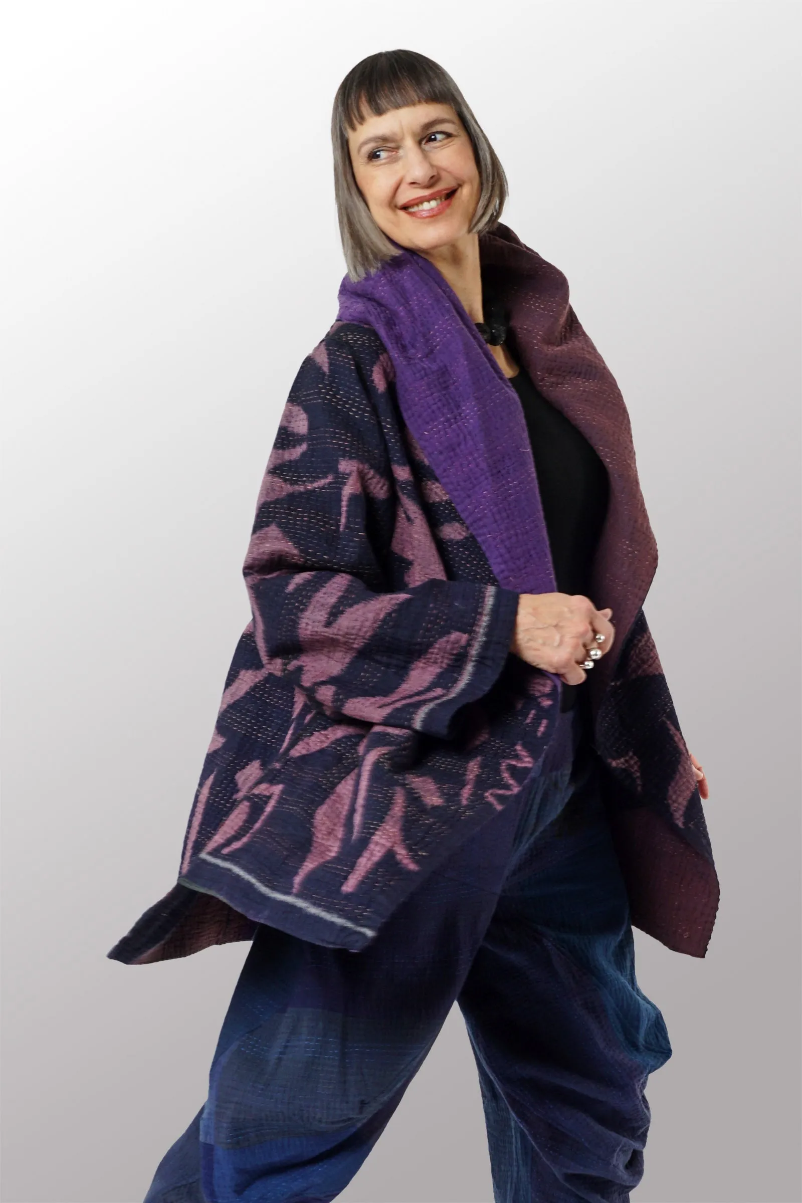 WOVEN HANDLOOM IKAT WITH OMBRE KANTHA HOODED A-LINE COAT - wh4341-prp -