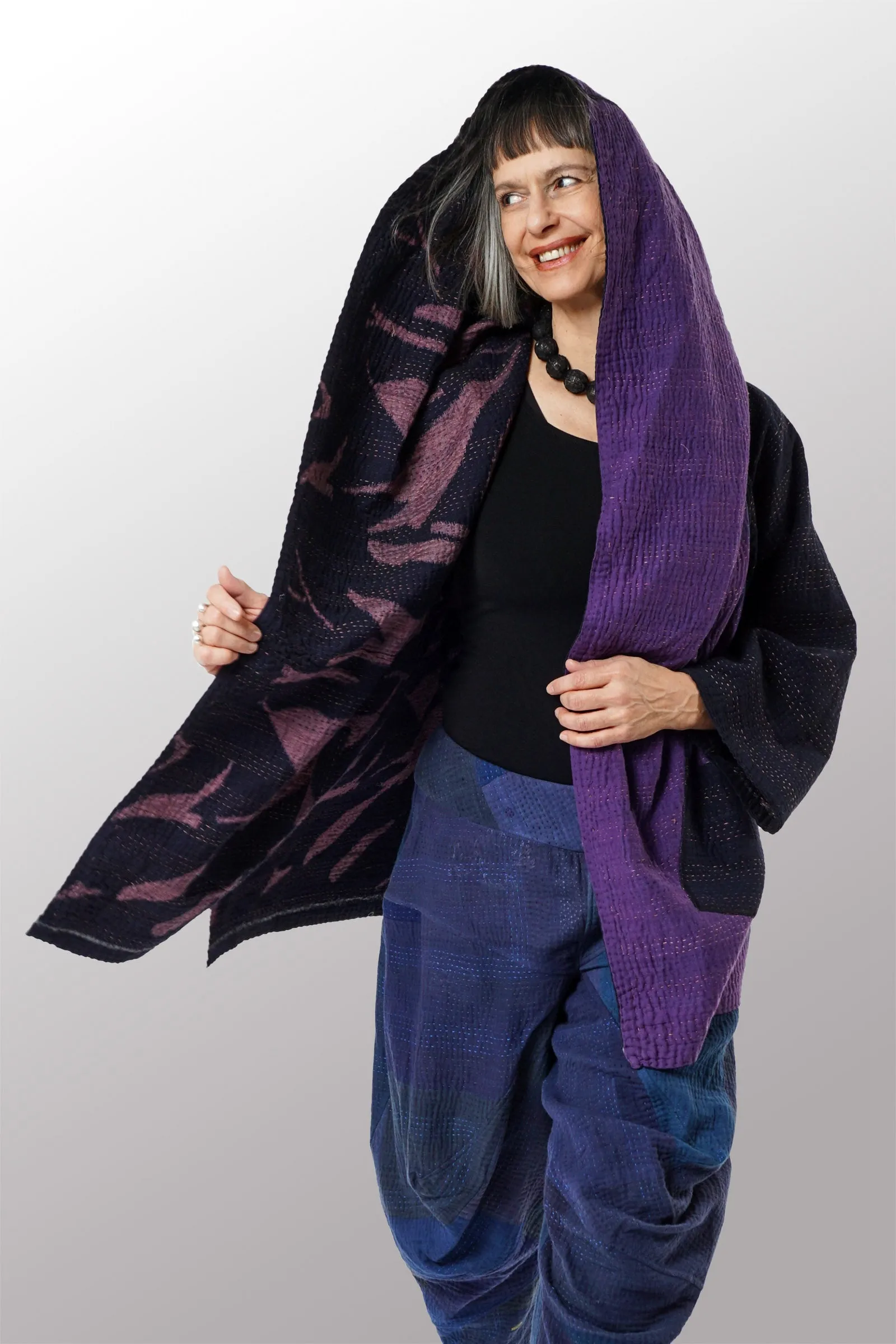 WOVEN HANDLOOM IKAT WITH OMBRE KANTHA HOODED A-LINE COAT - wh4341-prp -