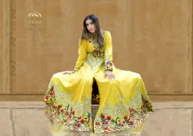 Yellow Silk  Reshamwork Jacket Length Set with Churidaar and Dupatta